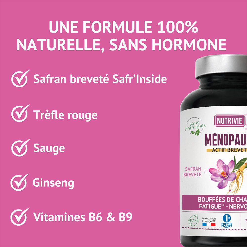 NUTRIVIE MENOPAUSE: Flacon de 60 gélules, avec liste d'ingrédients naturels : safran, trèfle rouge, sauge, ginseng.