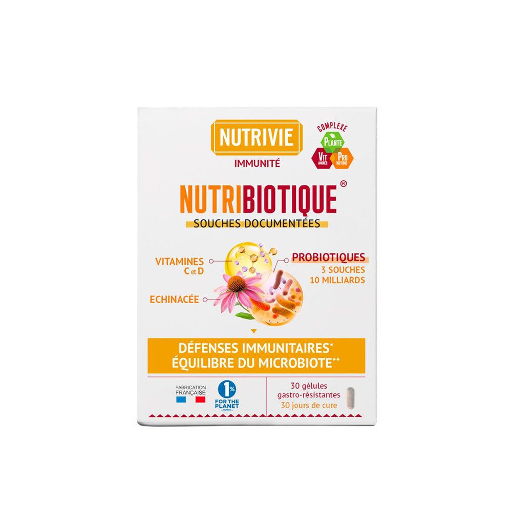 Nutribiotique Immunité : boîte de 30 gélules gastro-résistantes pour le système immunitaire et le microbiote.