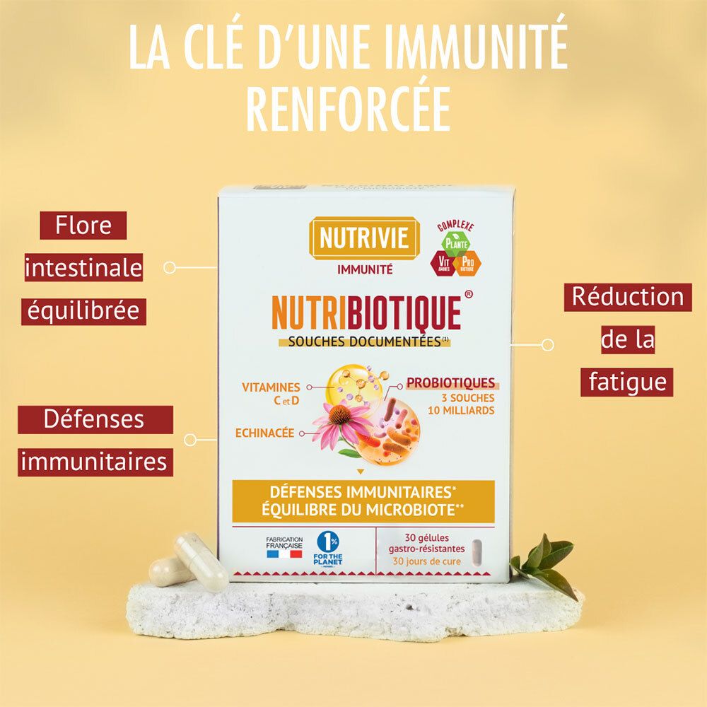 Nutribiotique Immunité : boîte avec probiotiques, vitamines et échinacée pour renforcer les défenses.