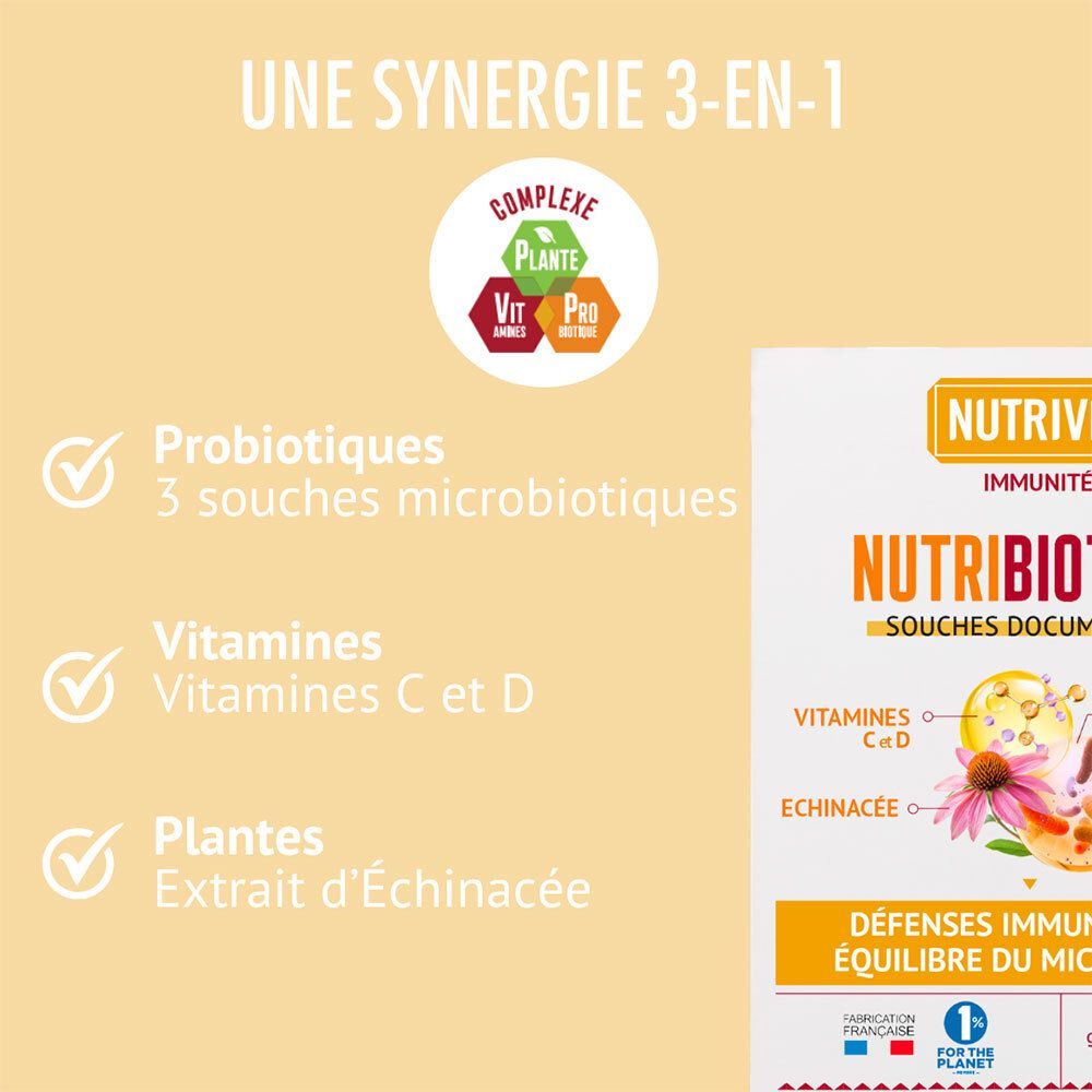 Nutribiotique Immunité : 3 souches de gélules, vitamines C+D, échinacée pour immunité et microbiote.
