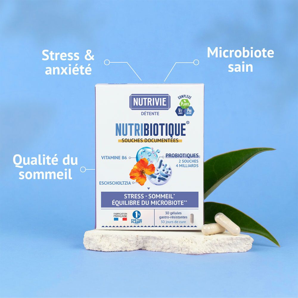 Nutribiotique Détente boîte de 30 gélules gastro-résistantes, avec feuilles et gélules.