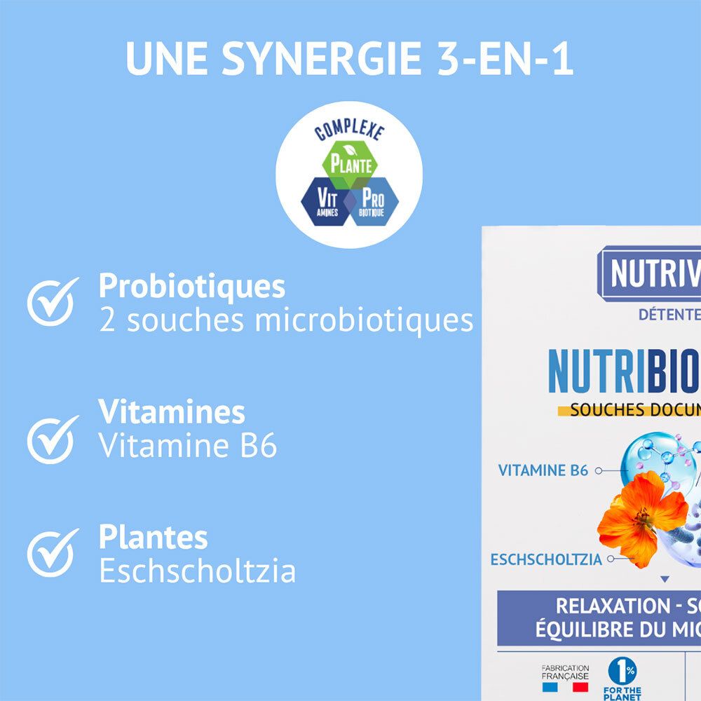 Nutribiotique Détente boîte de 30 gélules gastro-résistantes, avec probiotiques, vitamine B6 et Eschscholtzia.