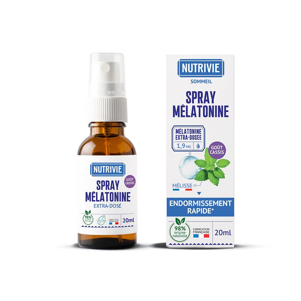Spray Mélatonine Nutrivie 20ml avec notice. Flacon en verre brun avec vaporisateur.