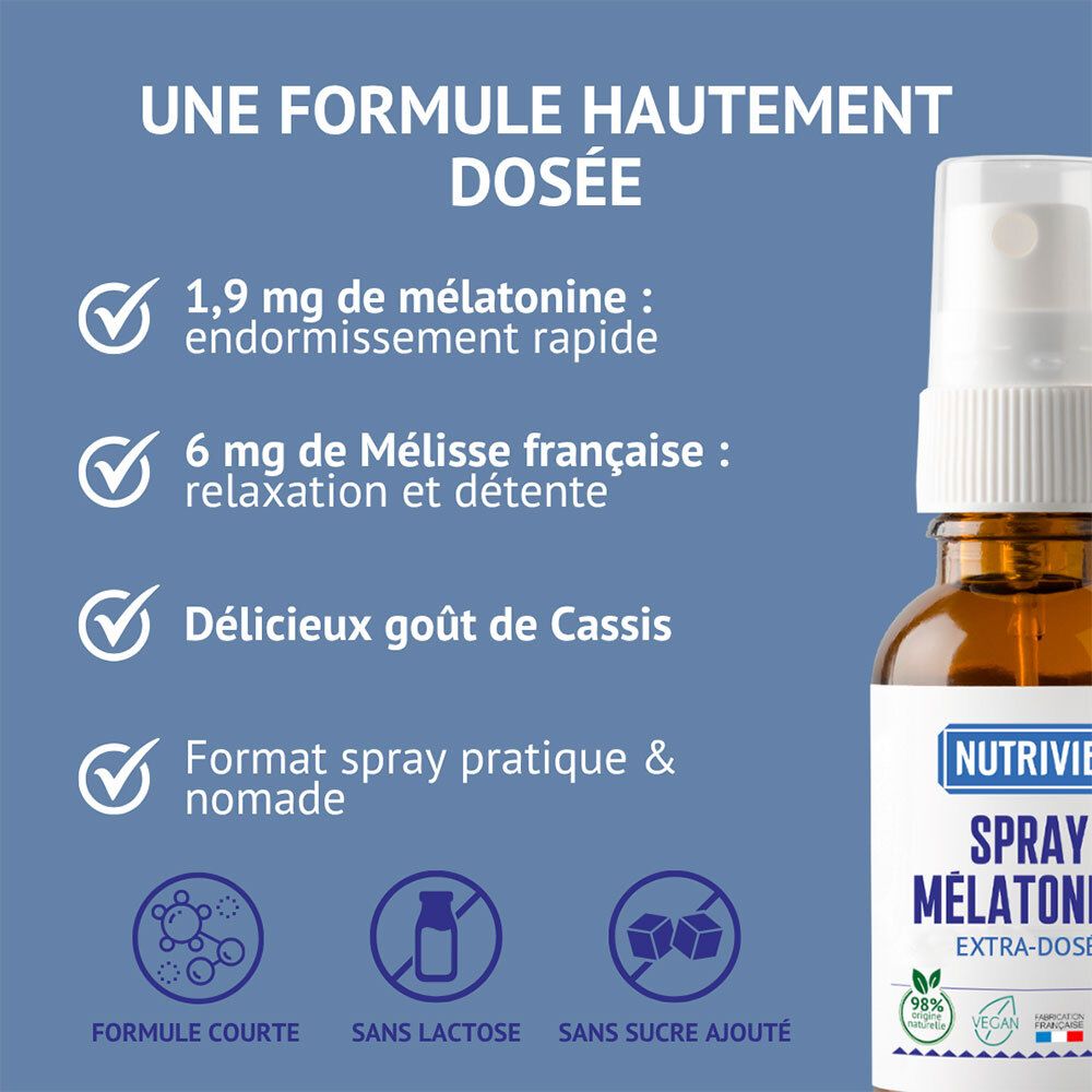 Spray Mélatonine Nutrivie : 1,9mg mélatonine, mélisse, goût cassis. Spray pratique.