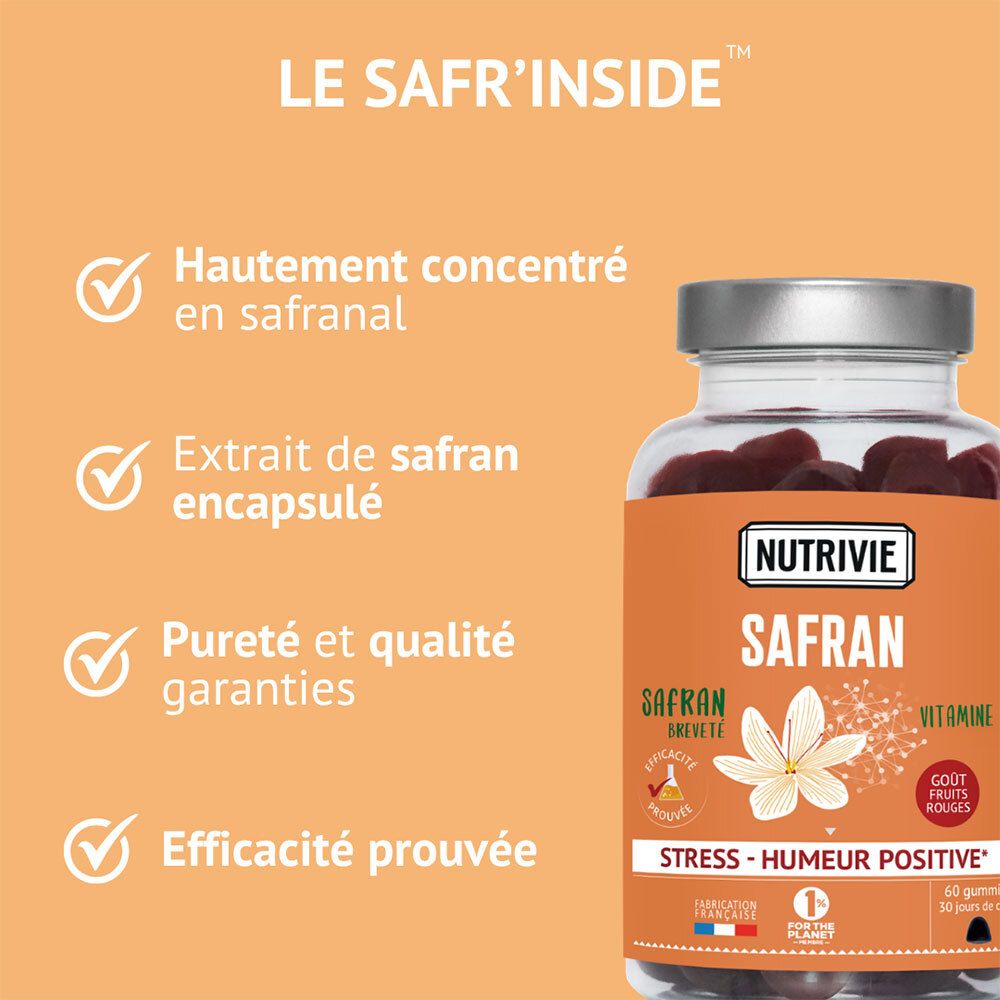 Bouteille Nutrivie Safran Gummies avec texte sur extrait de safran hautement concentré.