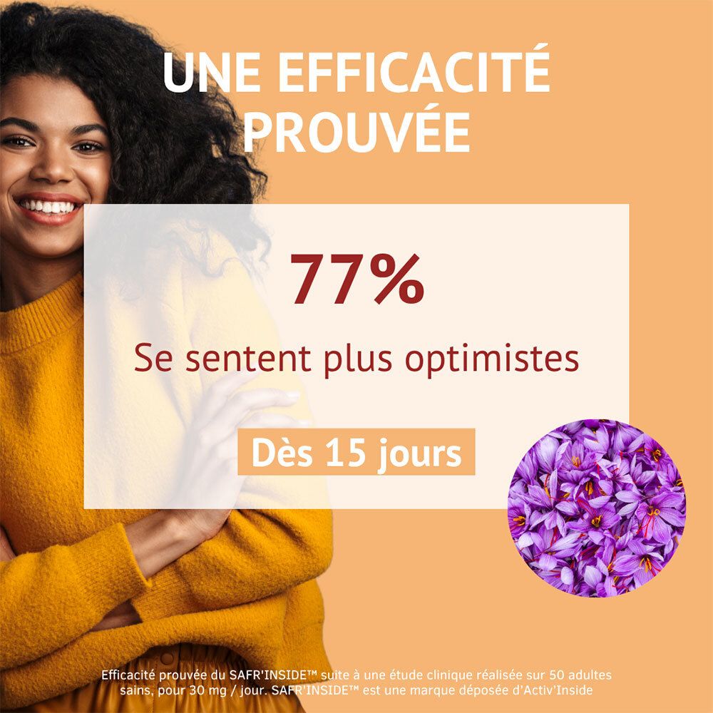 Femme souriante, avec texte sur 77% se sentent plus optimistes après 15 jours.