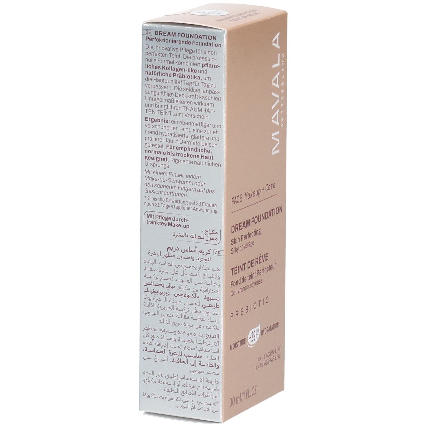 Mavala Teint de Rêve Foundation Carton, verso avec informations produit.