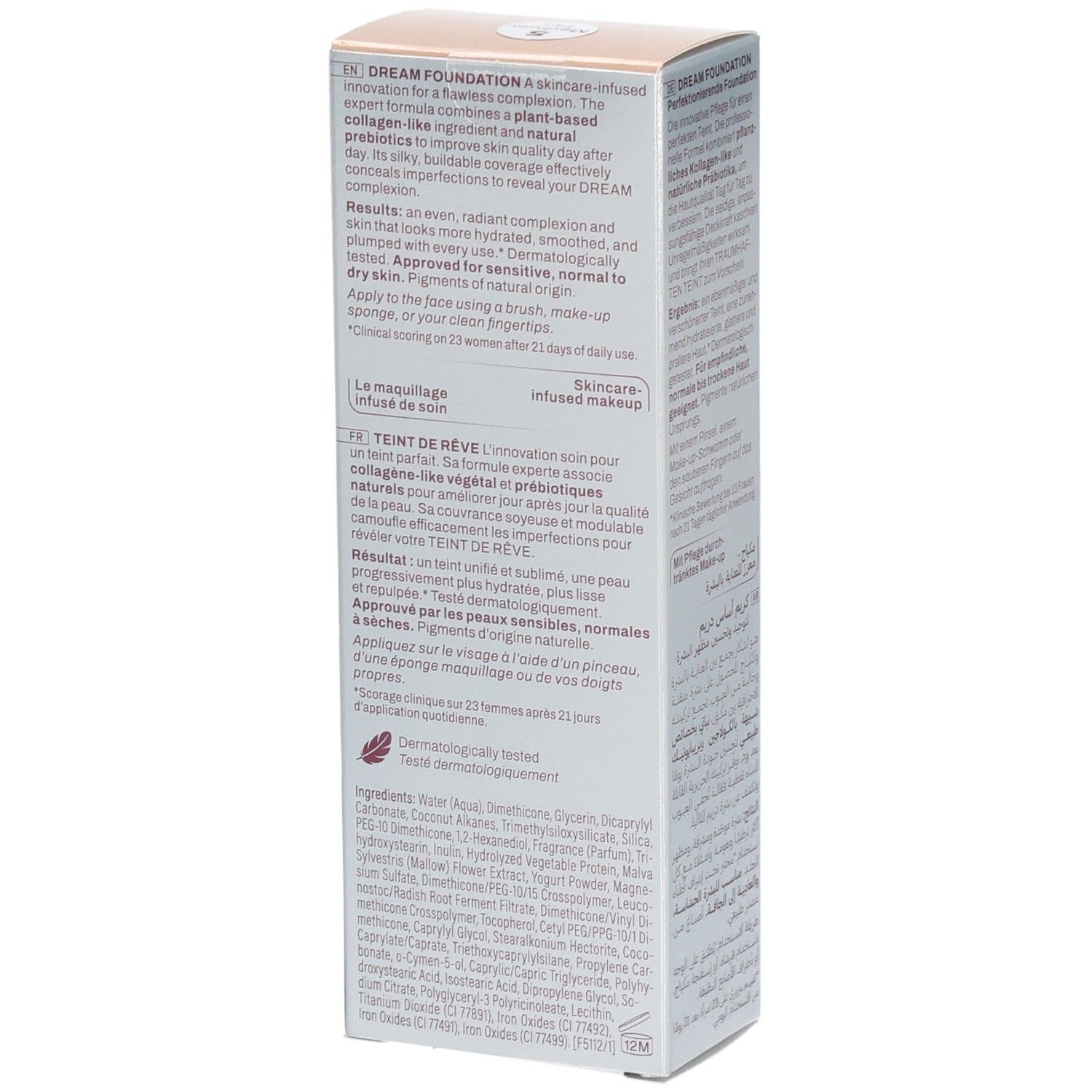 Mavala Teint de Rêve Foundation Carton, côté avec descriptions produit en anglais et français.