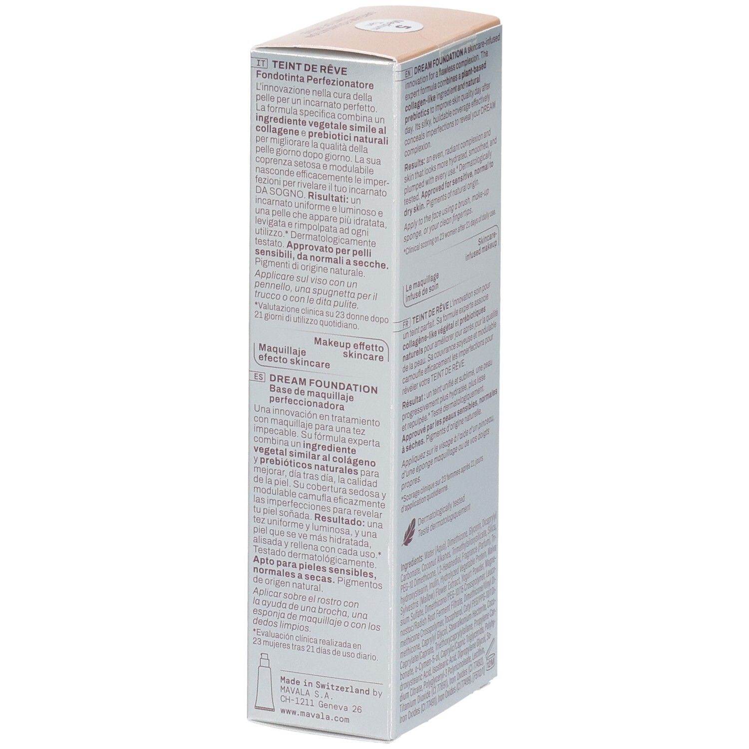 Mavala Teint de Rêve Foundation Carton, côté avec descriptions produit en italien et allemand.