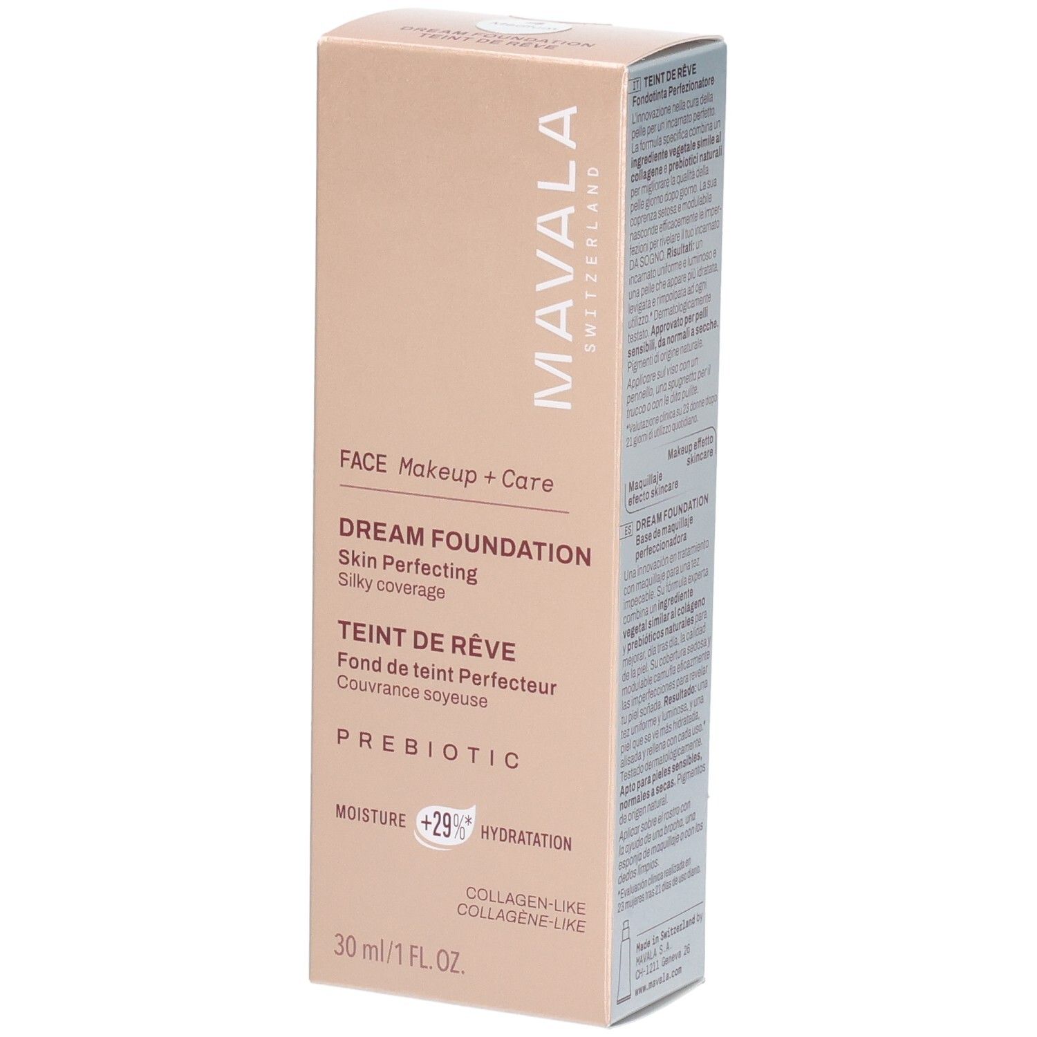 Carton Mavala Teint de Rêve Fond de Teint, Medium. Avec Prébiotique et Collagen-like. 30 ml.