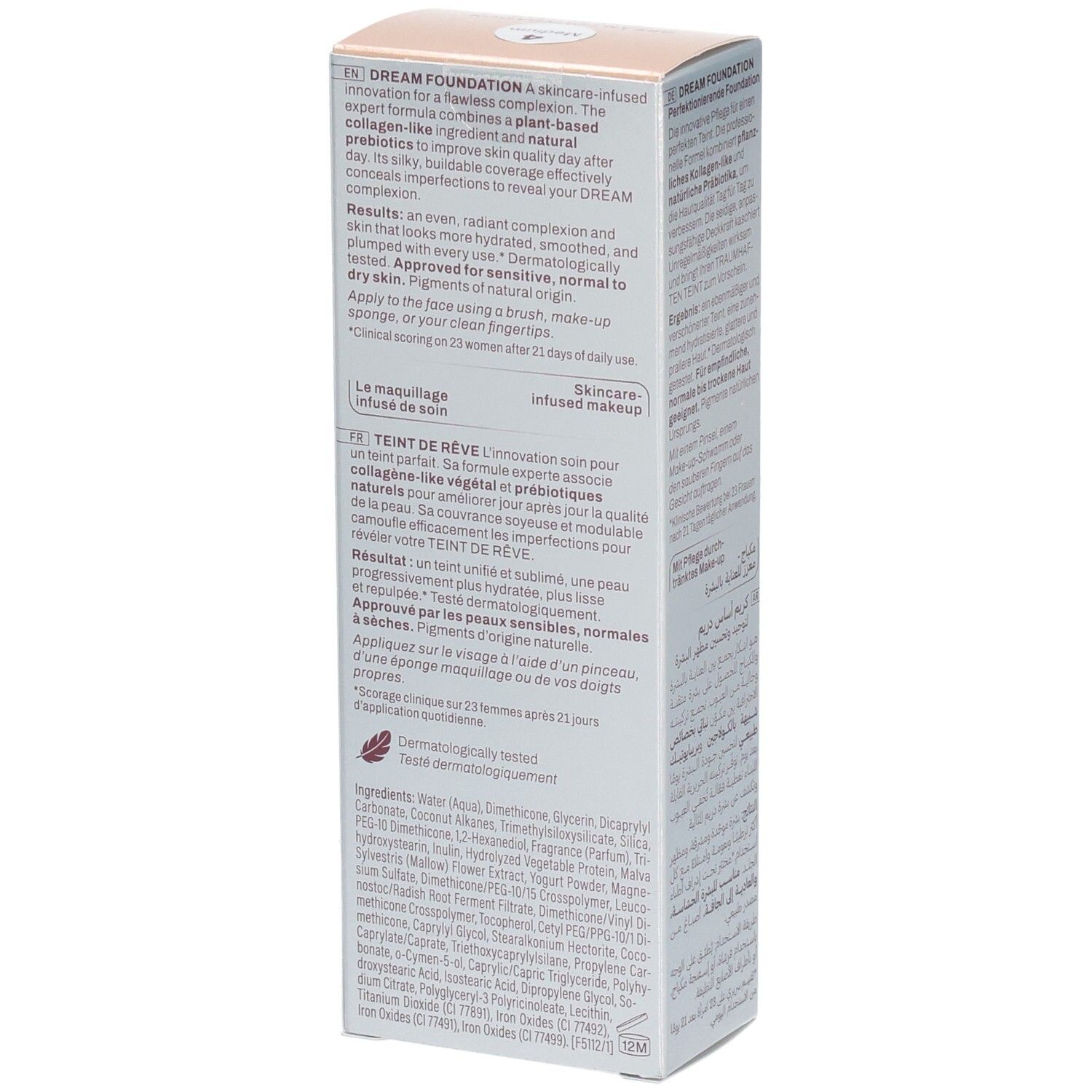 Carton Mavala Teint de Rêve Fond de Teint, Medium. Côté avec informations produit et ingrédients.