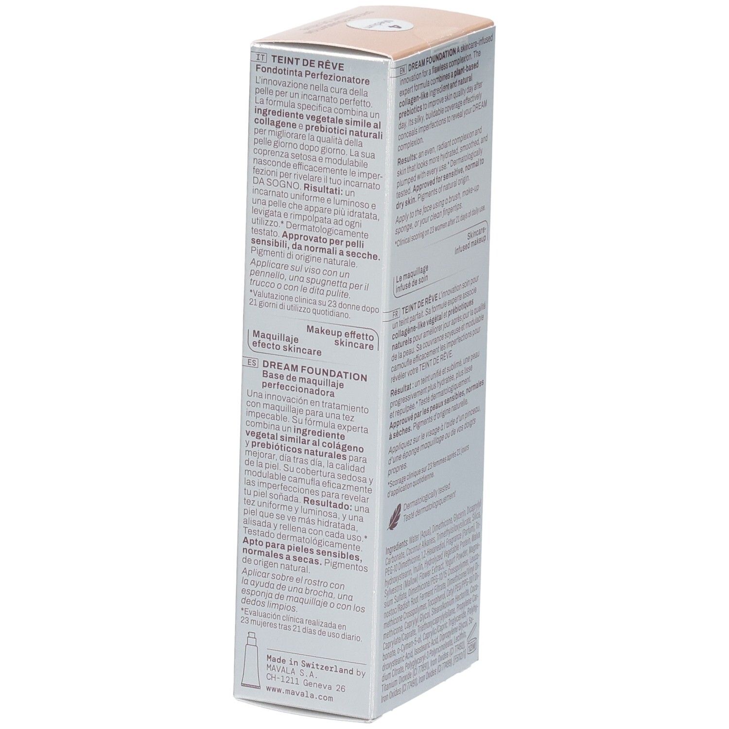 Carton Mavala Teint de Rêve Fond de Teint, Medium. Côté avec informations produit et ingrédients.