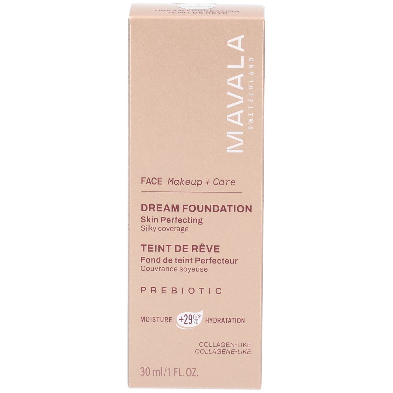 Carton Mavala Teint de Rêve Fond de Teint, Medium. Face avant avec nom du produit et détails.