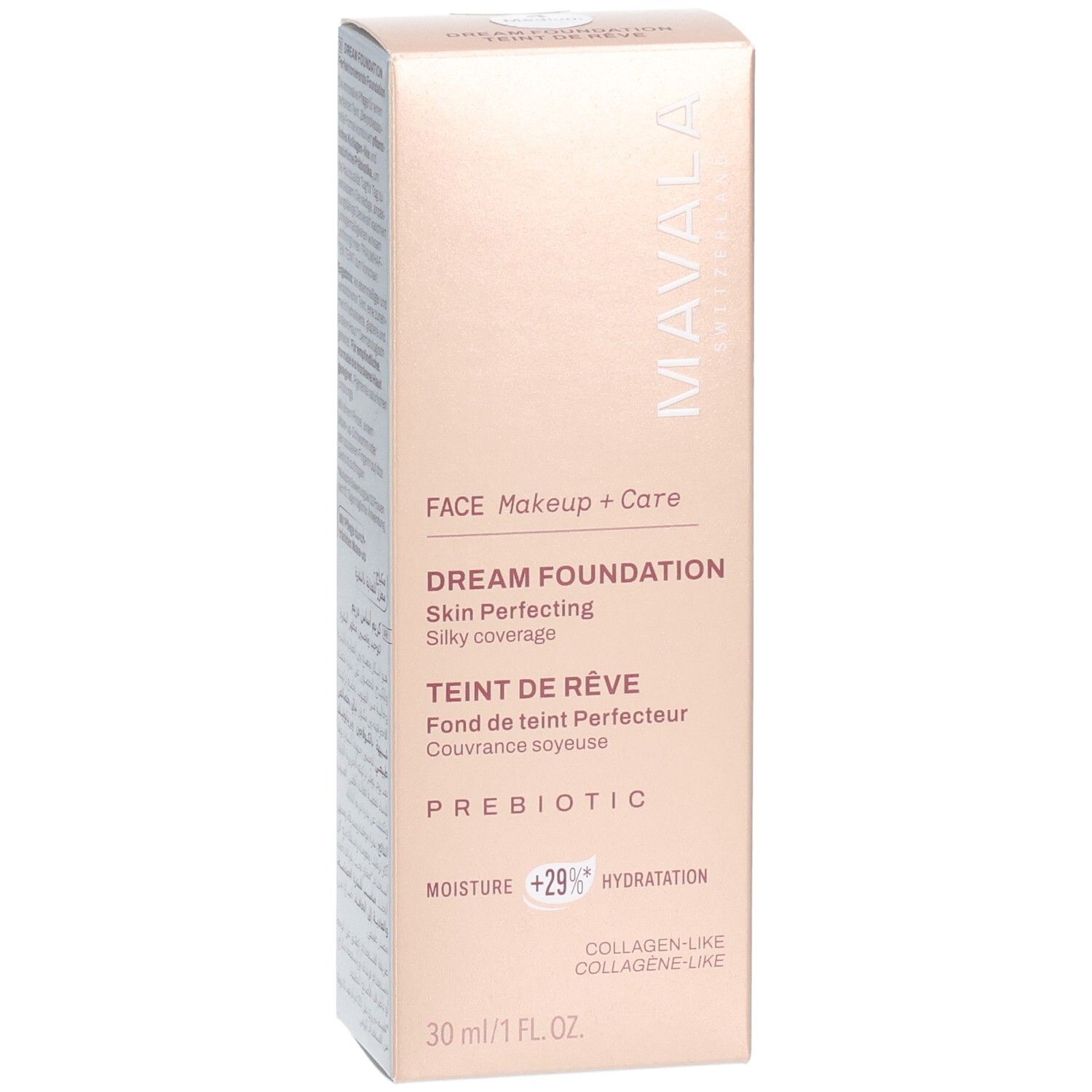 Carton Mavala Teint de Rêve Fond de Teint, Medium. Face avant avec nom du produit et détails.