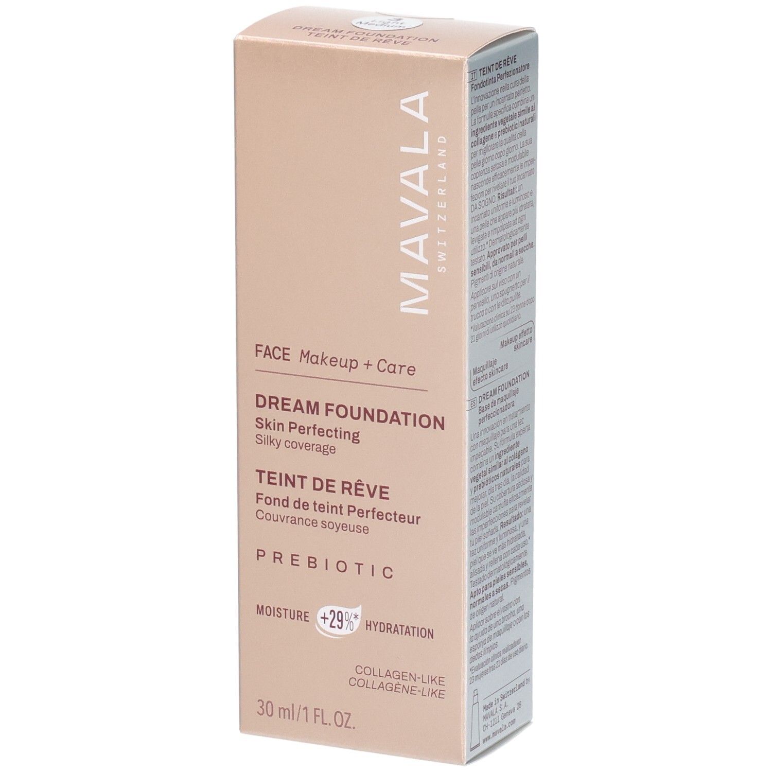 Boîte Mavala Dream Foundation, 30ml. Contient des prébiotiques et des ingrédients de type collagène.