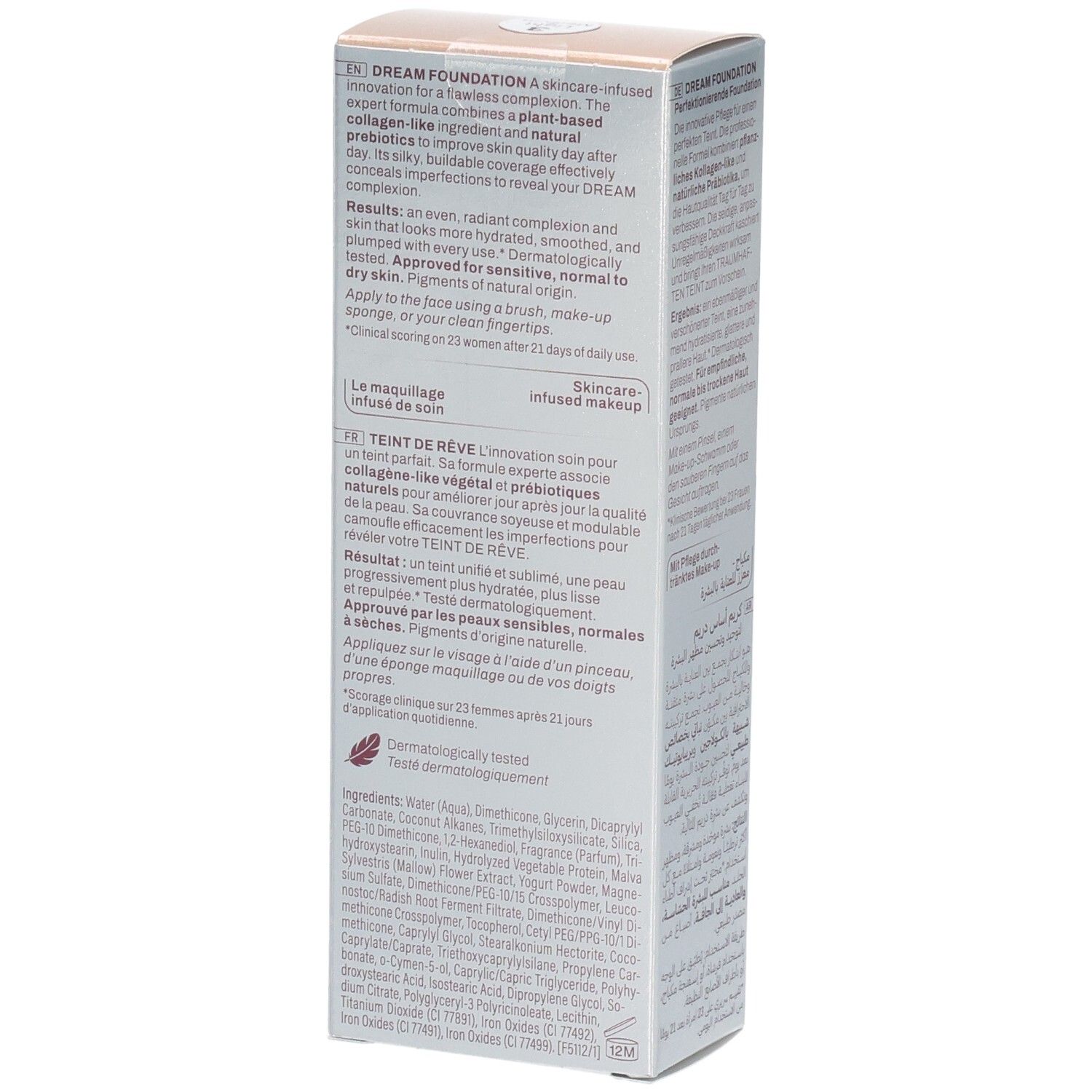 Boîte Mavala Dream Foundation, côté avec informations détaillées sur le produit et ingrédients.