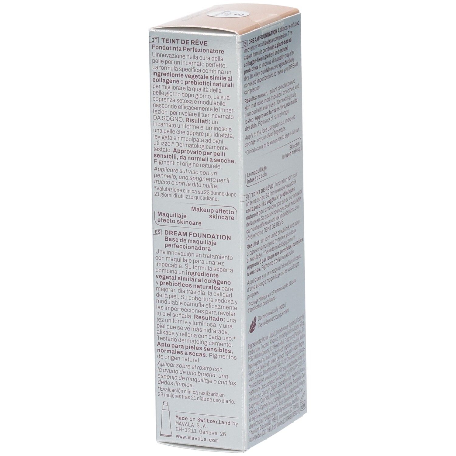 Boîte Mavala Dream Foundation, côté avec informations produit en italien et allemand.