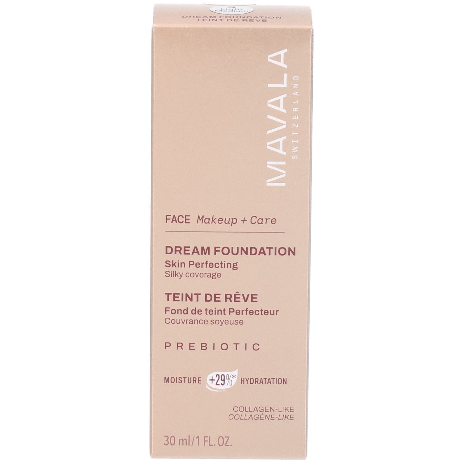 Boîte Mavala Dream Foundation, 30ml. Contient des prébiotiques et des ingrédients de type collagène.