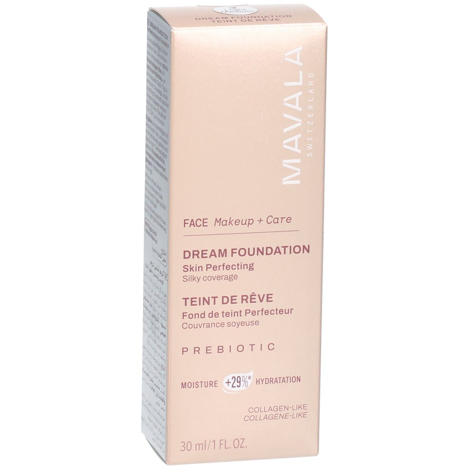 Boîte Mavala Dream Foundation, 30ml. Contient des prébiotiques et des ingrédients de type collagène.