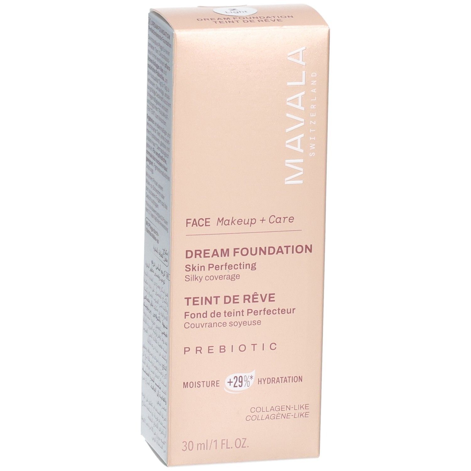 Boîte Mavala Teint de Rêve. Inscriptions "Dream Foundation" et "Prebiotic".