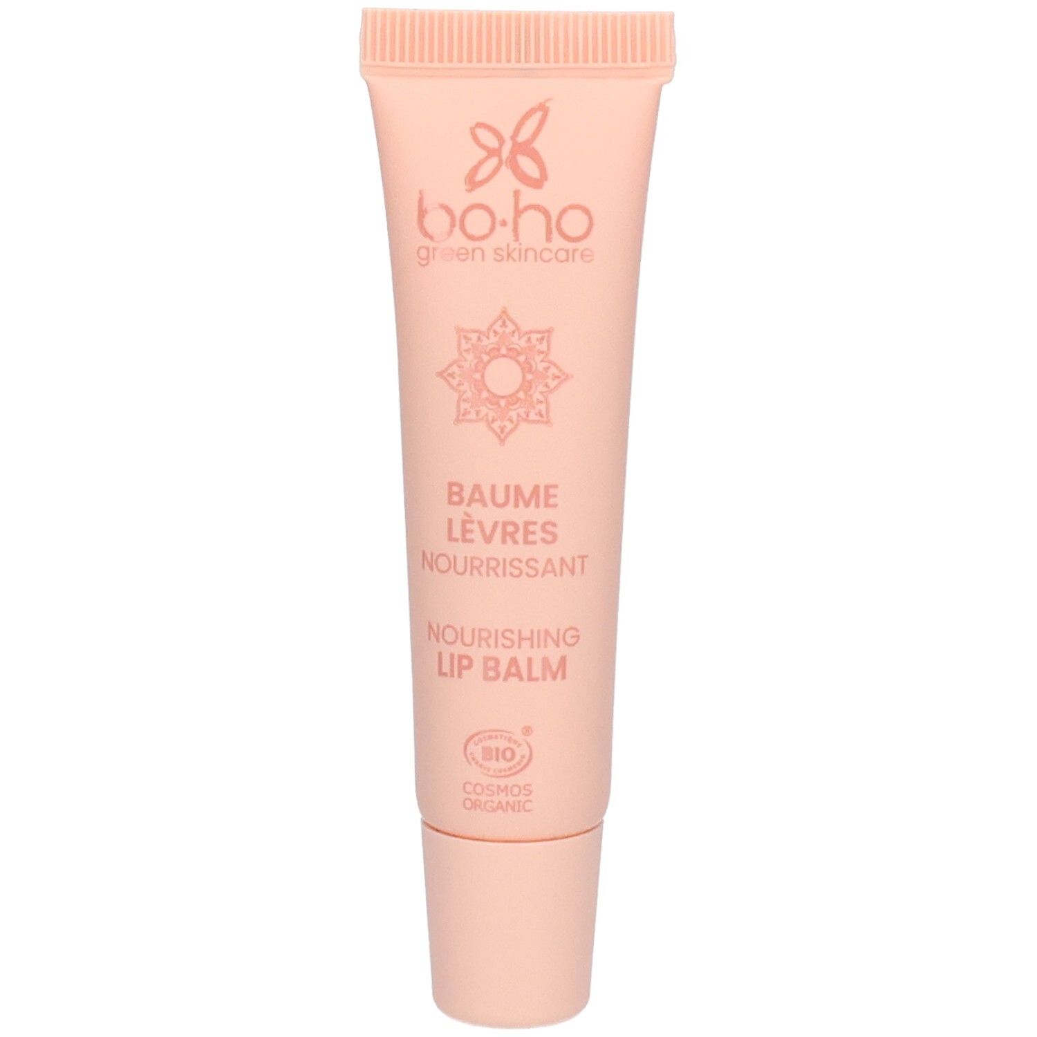 Tube rose avec logo Boho Green Skincare et inscription 'Baume Lèvres Nourrissant'.
