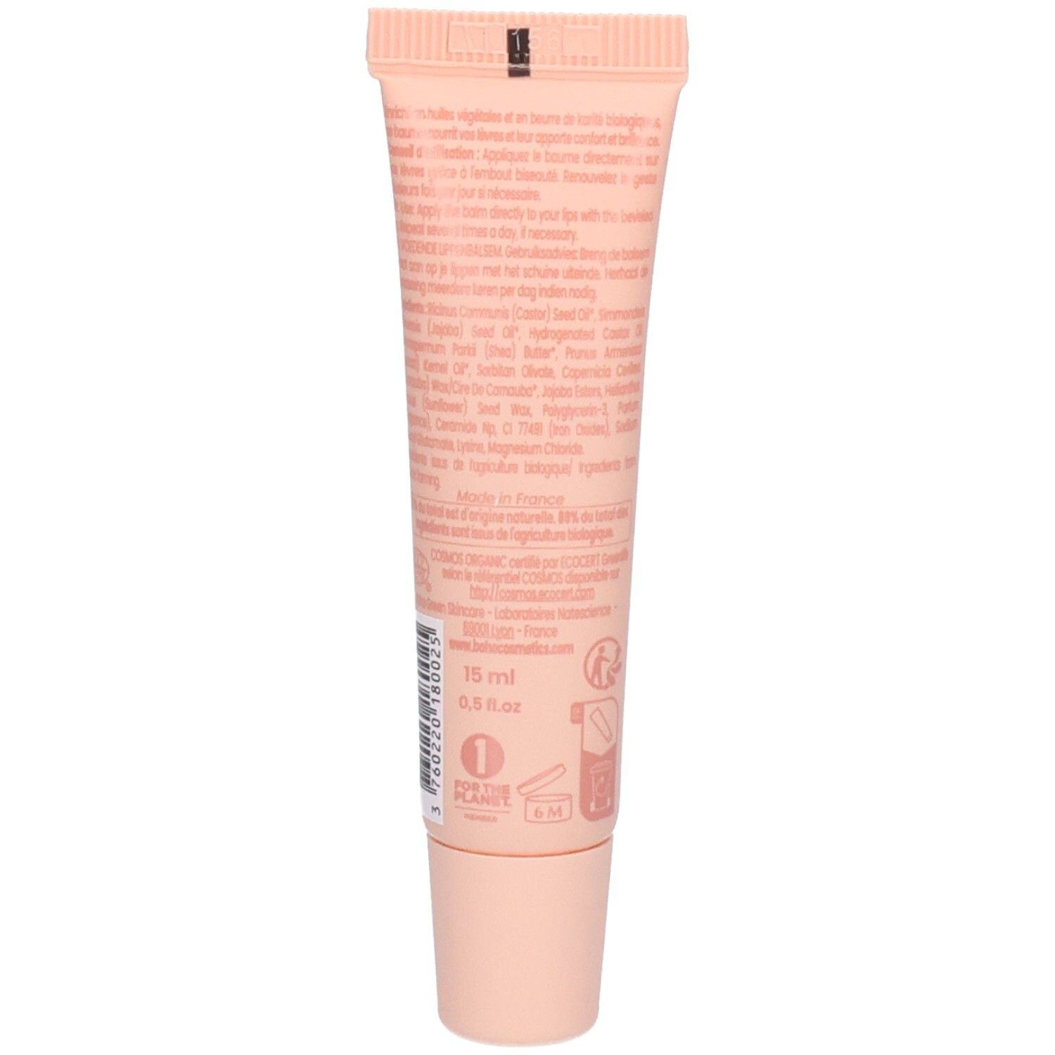 Arrière d'un tube rose avec informations produit et mention 'Made in France'.