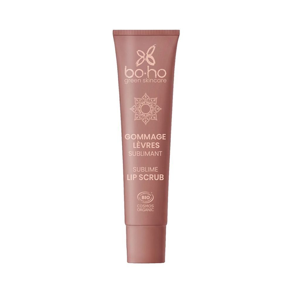 Tube rose avec logo "Boho Green Skincare" et inscription "Gommage Lèvres Sublimant".
