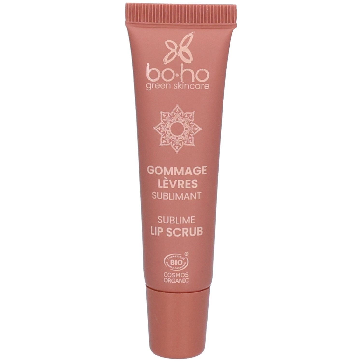 Boho Green Beauty Gommage Lèvres Sublime Lip Scrub dans un tube rose avec logo et informations produit.