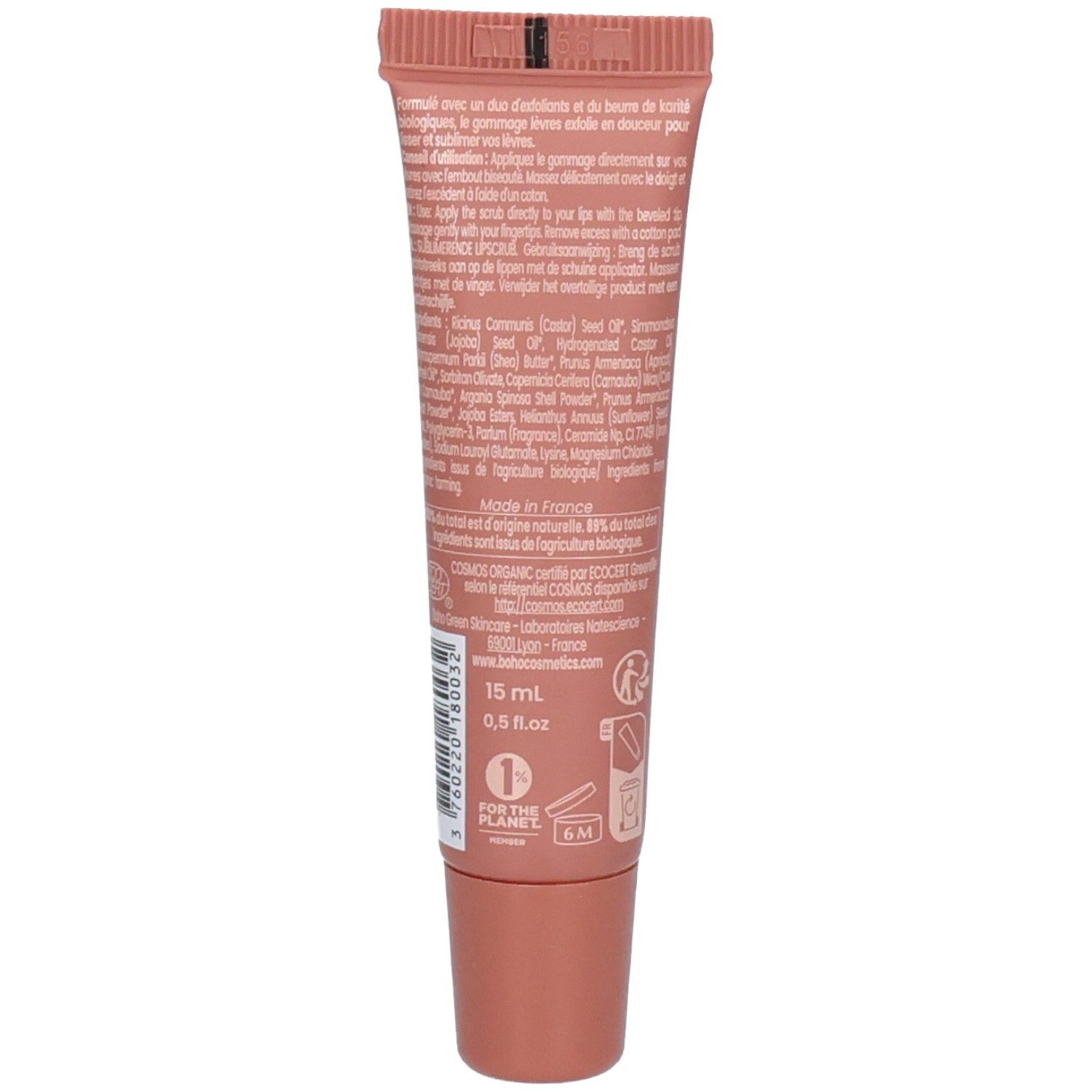 Arrière d'un tube Boho Green Beauty Gommage Lèvres Sublime Lip Scrub avec ingrédients et instructions.