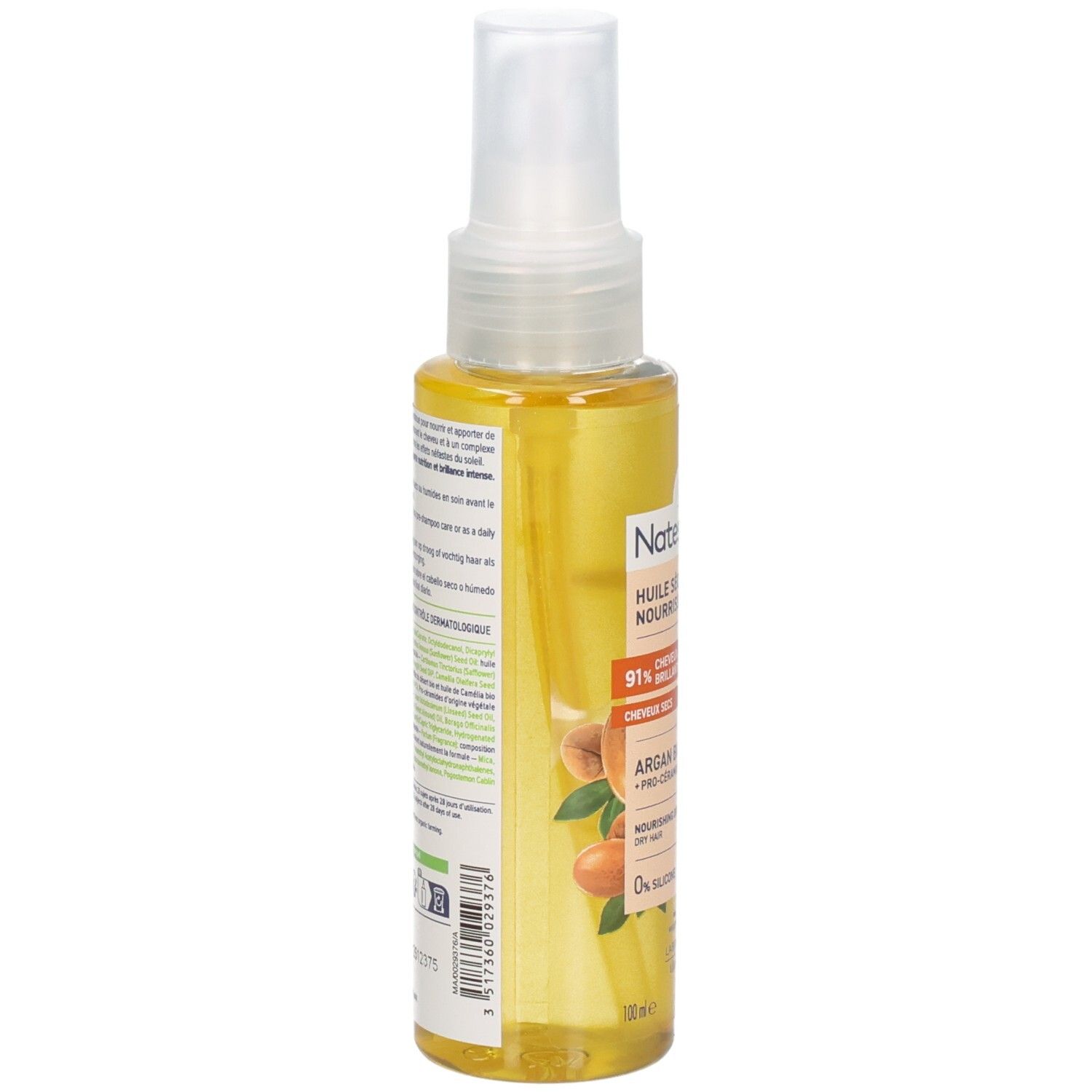 Huile Capillaire Sèche Natessance Argan Bio, verso avec instructions.