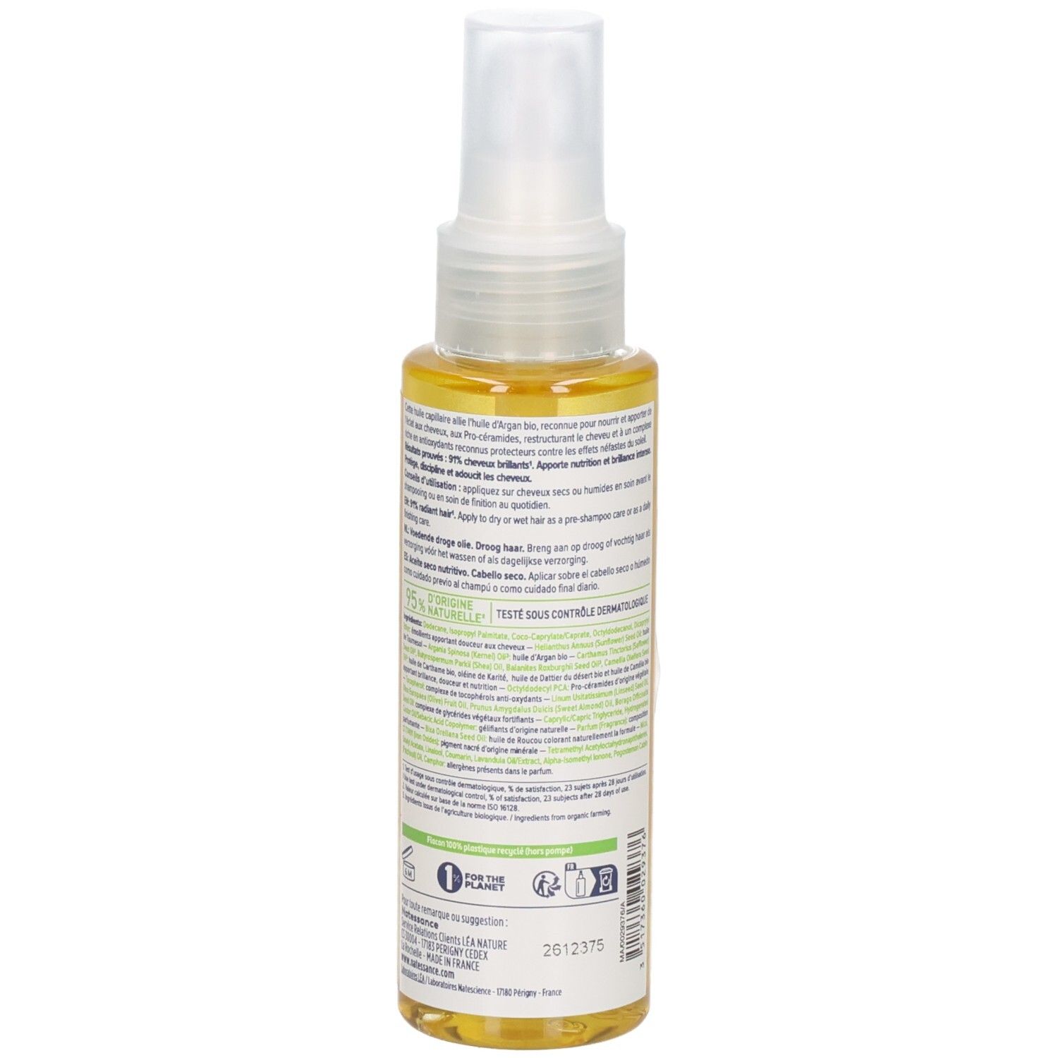 Huile Capillaire Sèche Natessance Argan Bio, verso avec ingrédients et labels.