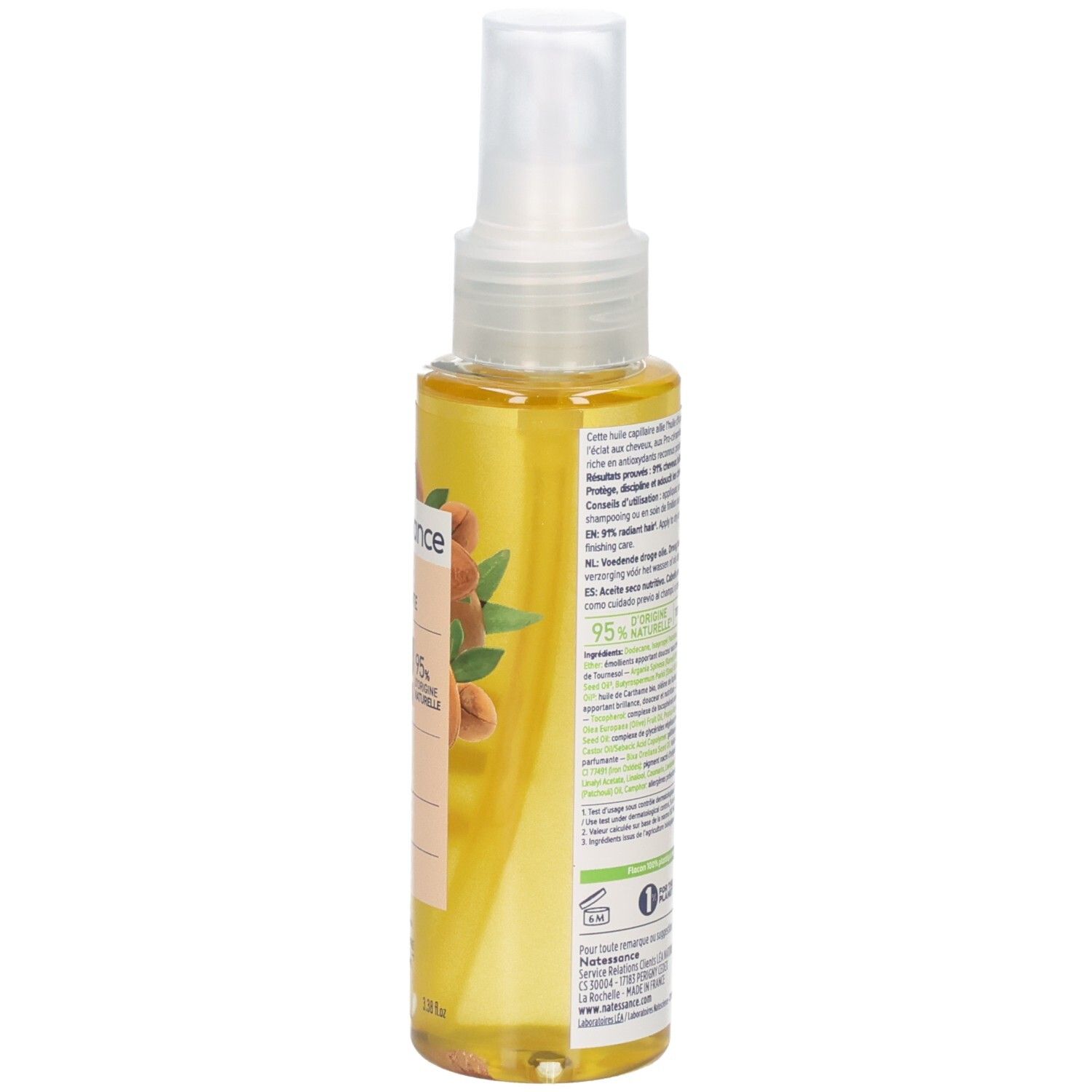 Huile Capillaire Sèche Natessance Argan Bio, verso avec instructions.