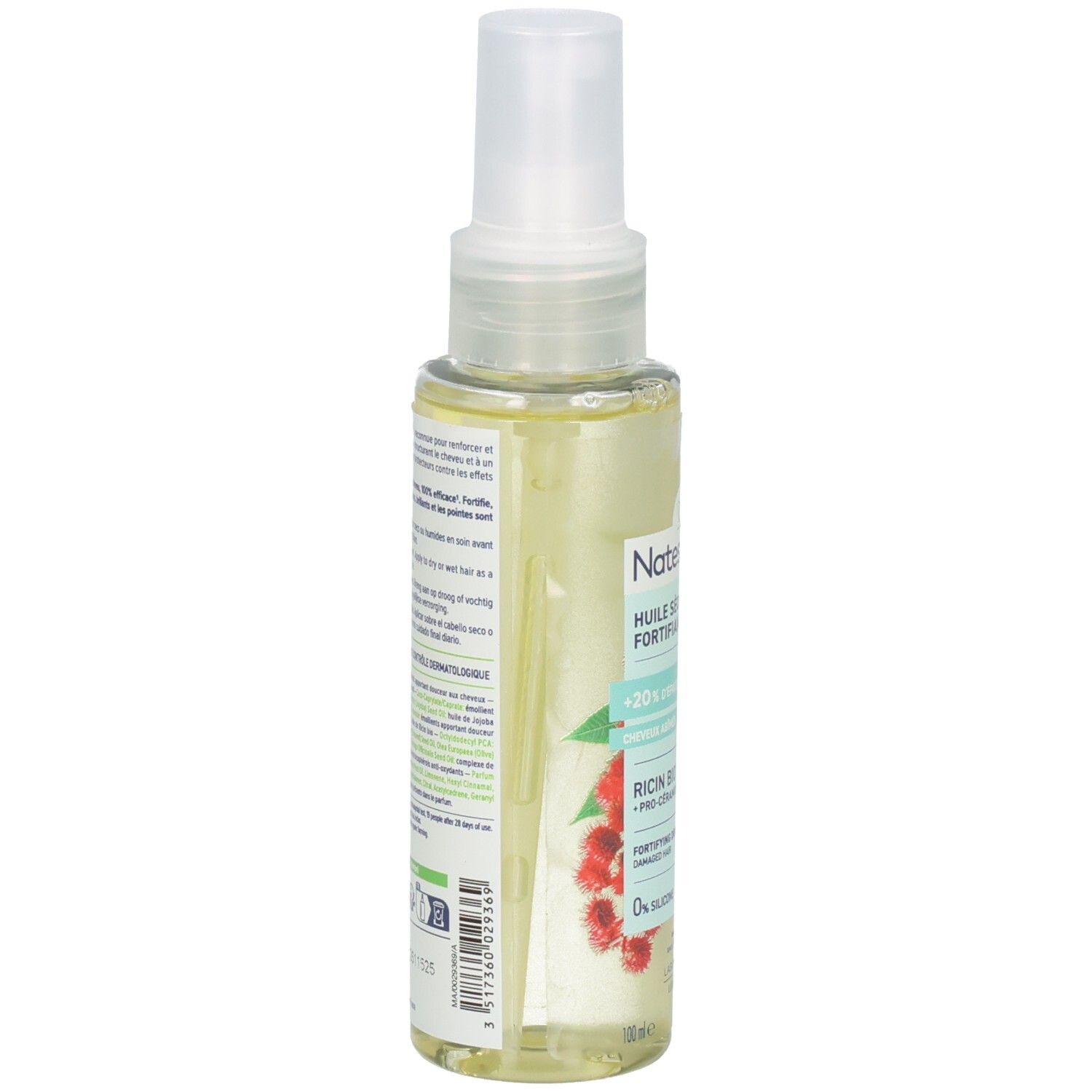 Huile Natessance, vue latérale. Huile sèche fortifiante au ricin bio et pro-céramides. Flacon transparent avec spray.