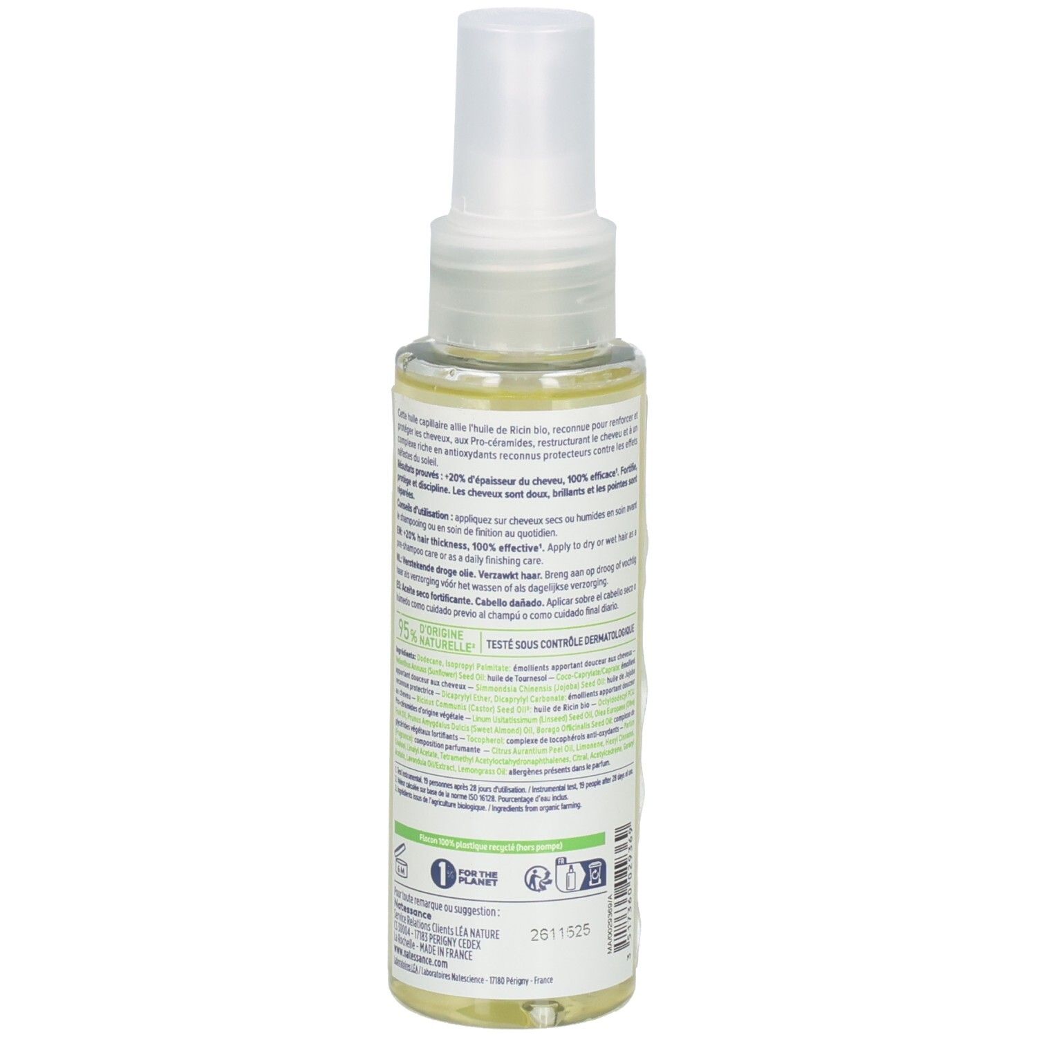Huile Natessance, vue arrière. Huile sèche fortifiante au ricin bio et pro-céramides. Flacon transparent avec spray.