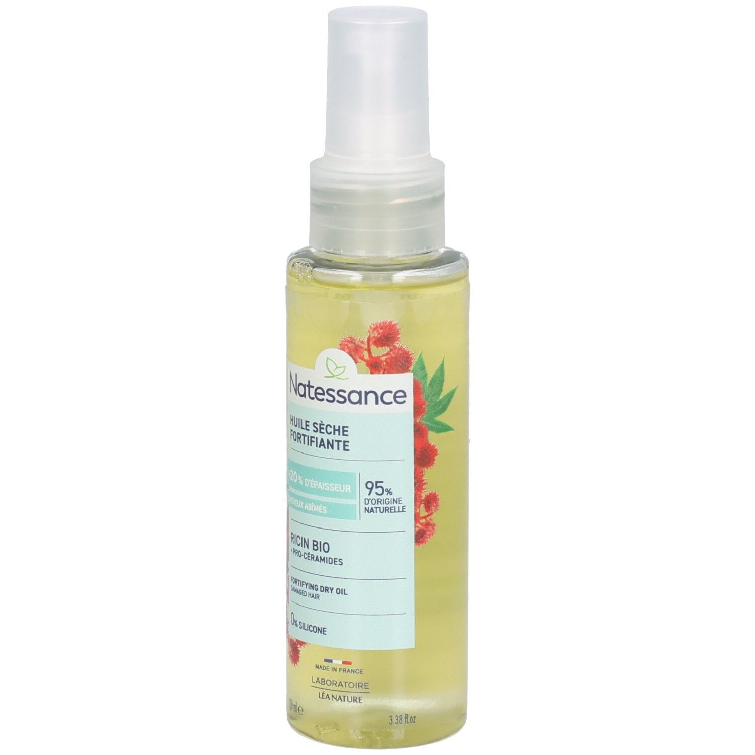 Huile Natessance: Huile sèche fortifiante au ricin bio et pro-céramides. Flacon transparent avec spray.