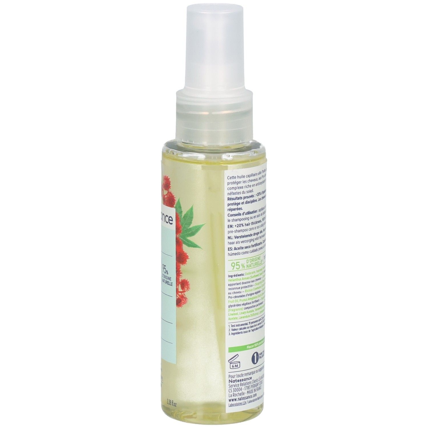 Huile Natessance, vue latérale. Huile sèche fortifiante au ricin bio et pro-céramides. Flacon transparent avec spray.