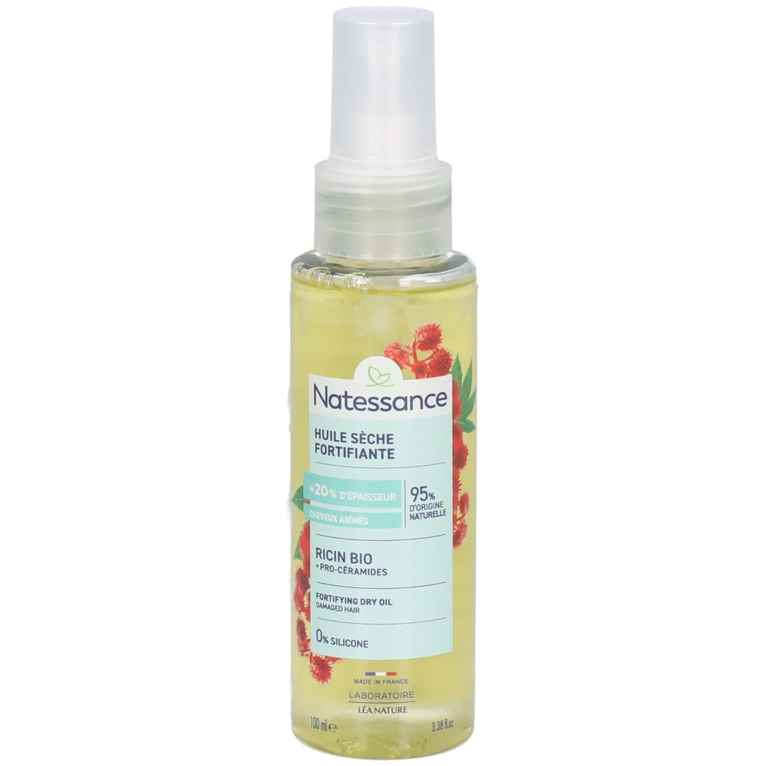 Huile Natessance: Huile sèche fortifiante au ricin bio et pro-céramides. Flacon transparent avec spray.
