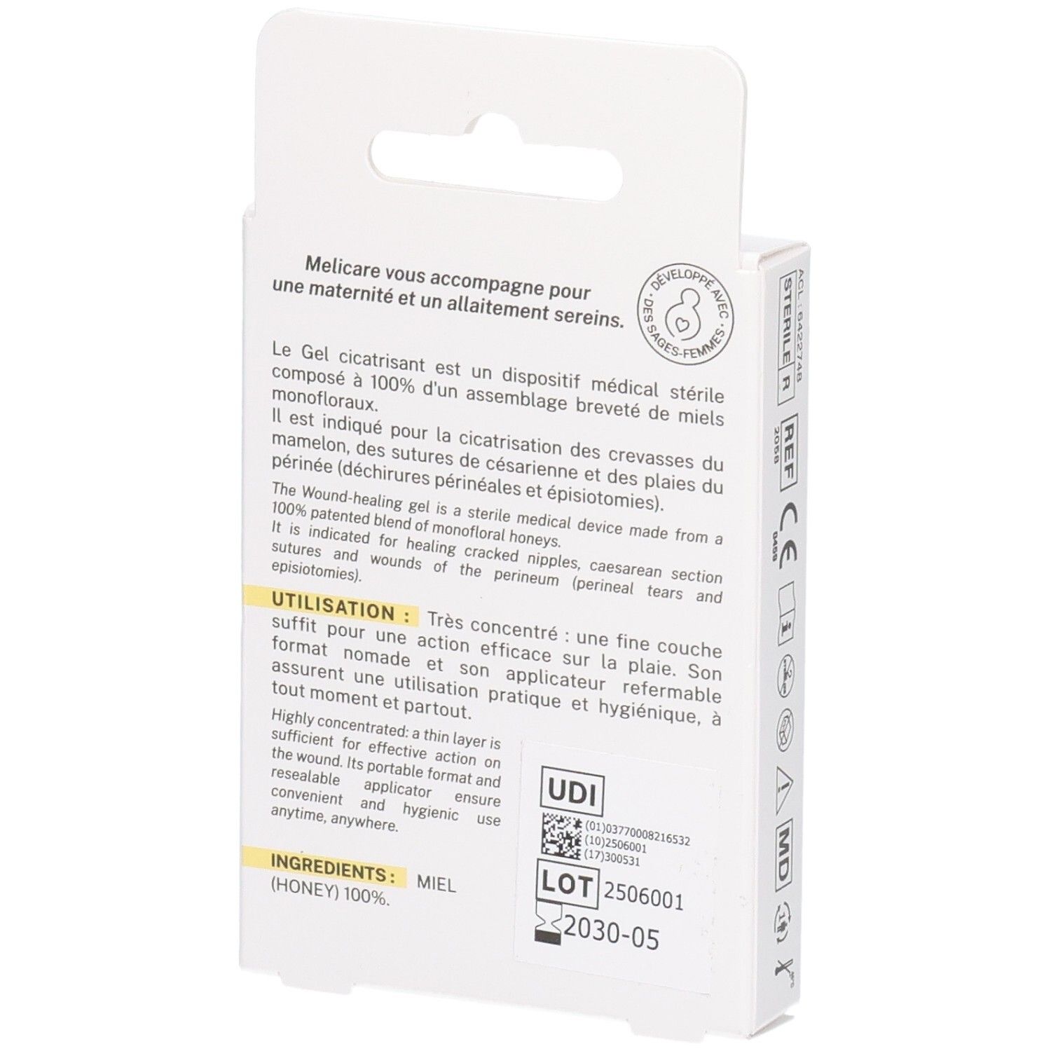 Arrière de la boîte de Melicare Gel Cicatrisant, avec instructions d'utilisation et ingrédients.