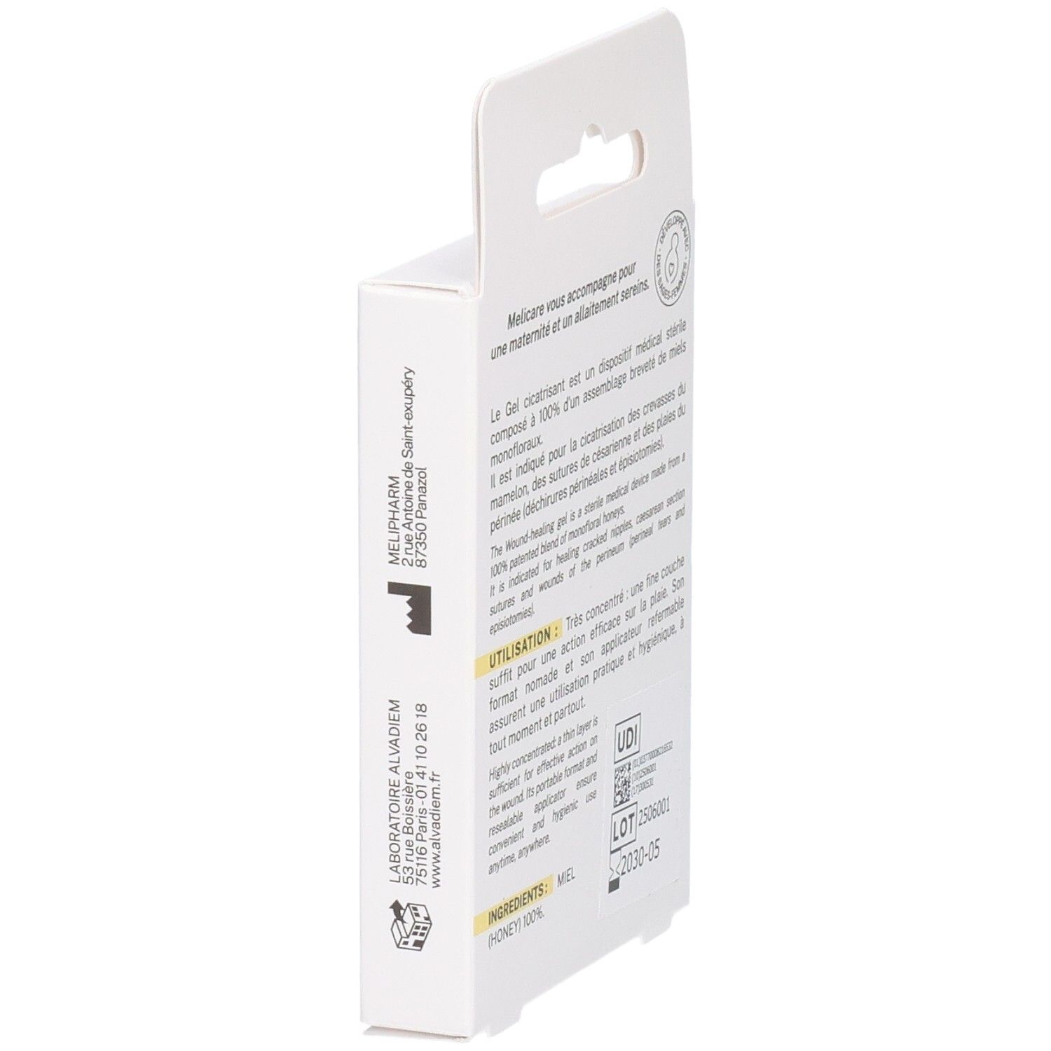 Vue latérale de la boîte de Melicare Gel Cicatrisant, avec informations sur le fabricant.