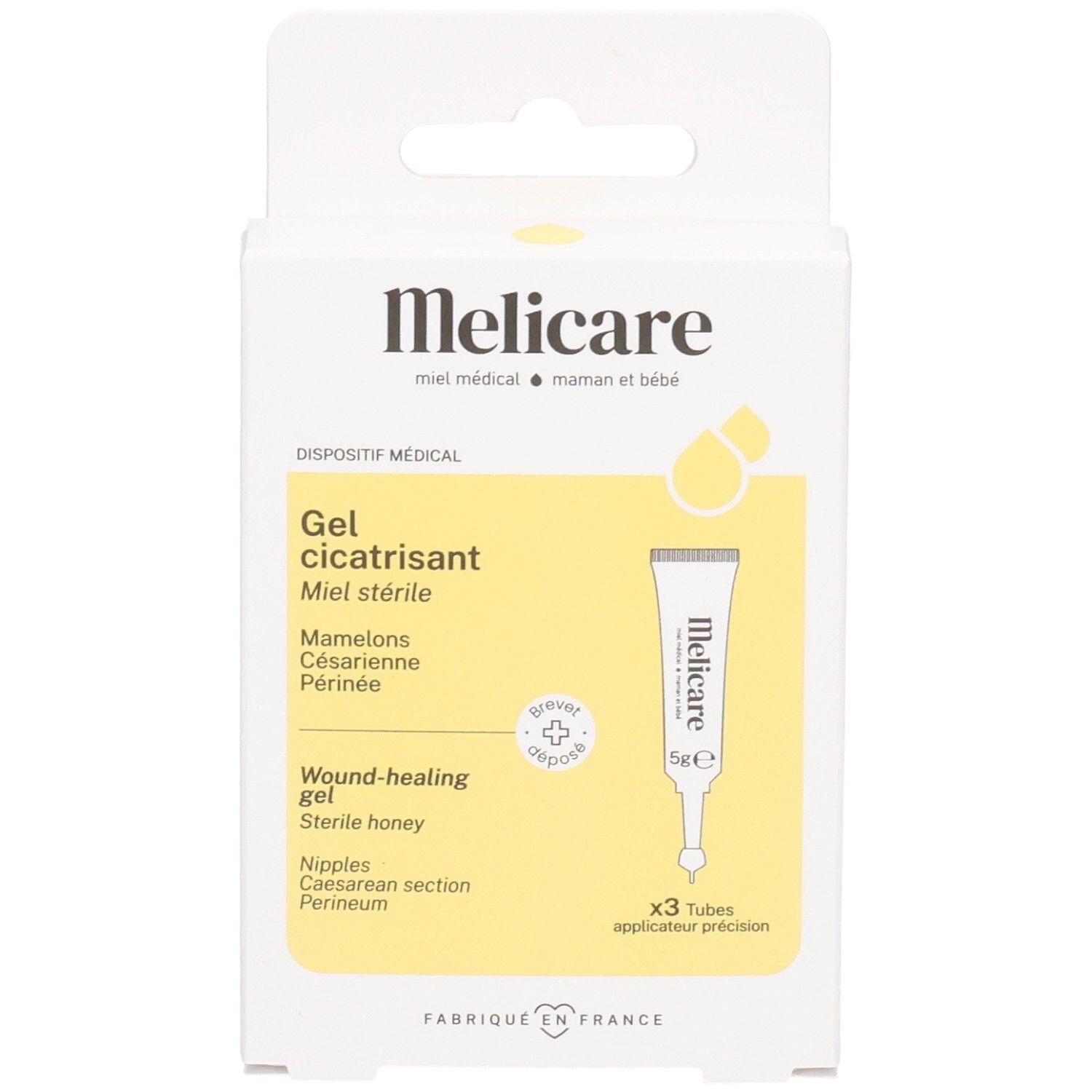 Boîte de Melicare Gel Cicatrisant, gel cicatrisant au miel stérile, 3 applicateurs de précision.