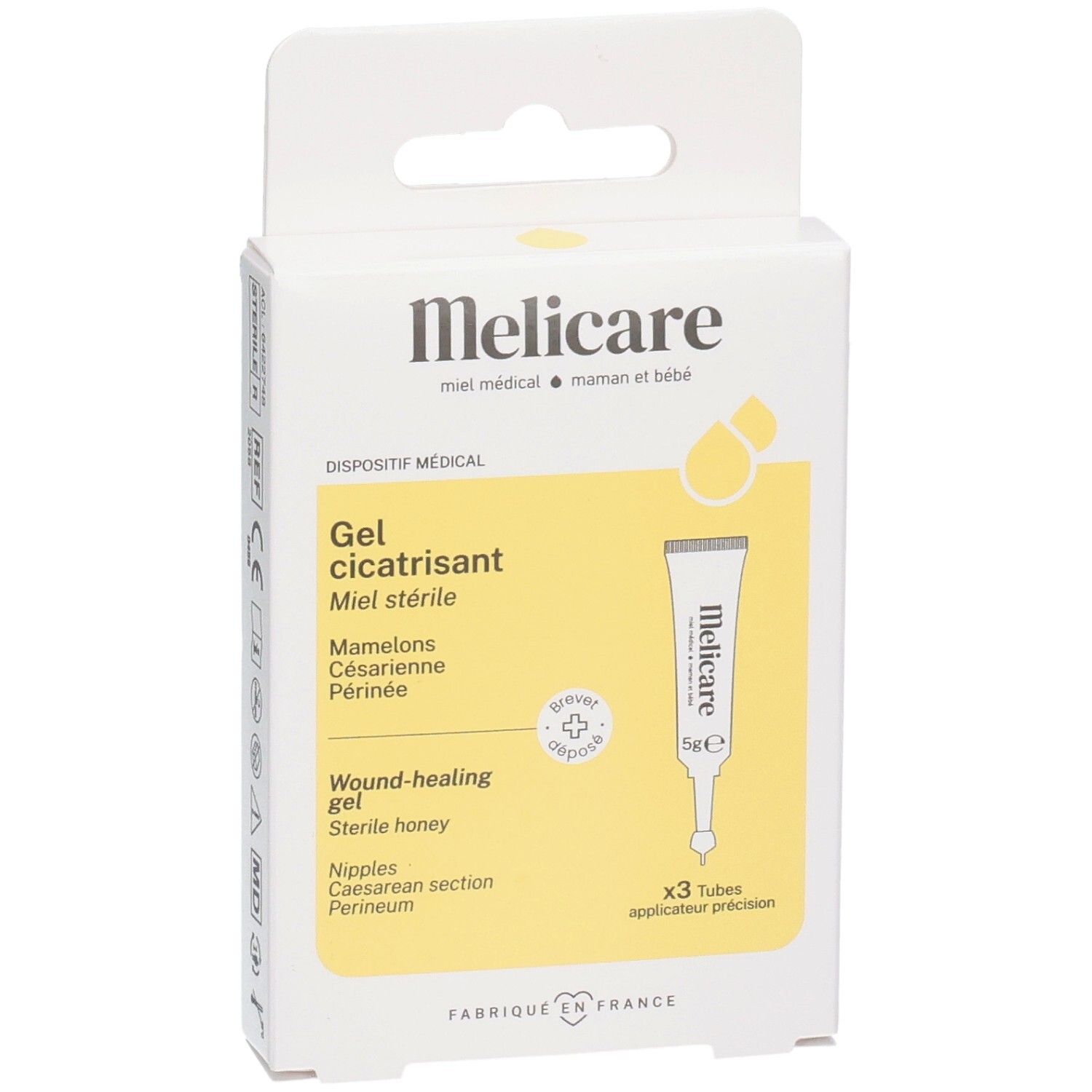 Boîte de Melicare Gel Cicatrisant, gel cicatrisant au miel stérile, 3 applicateurs de précision.