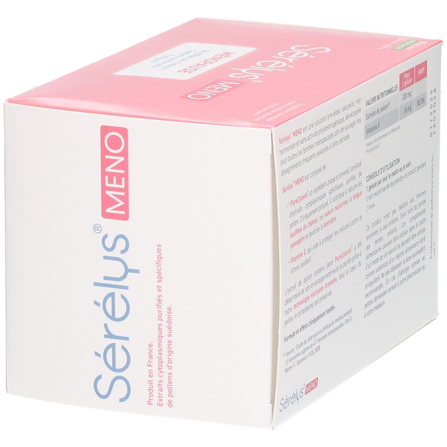 Boîte SERELYS MENO, côté avec informations produit et mention 'Produit en France'.