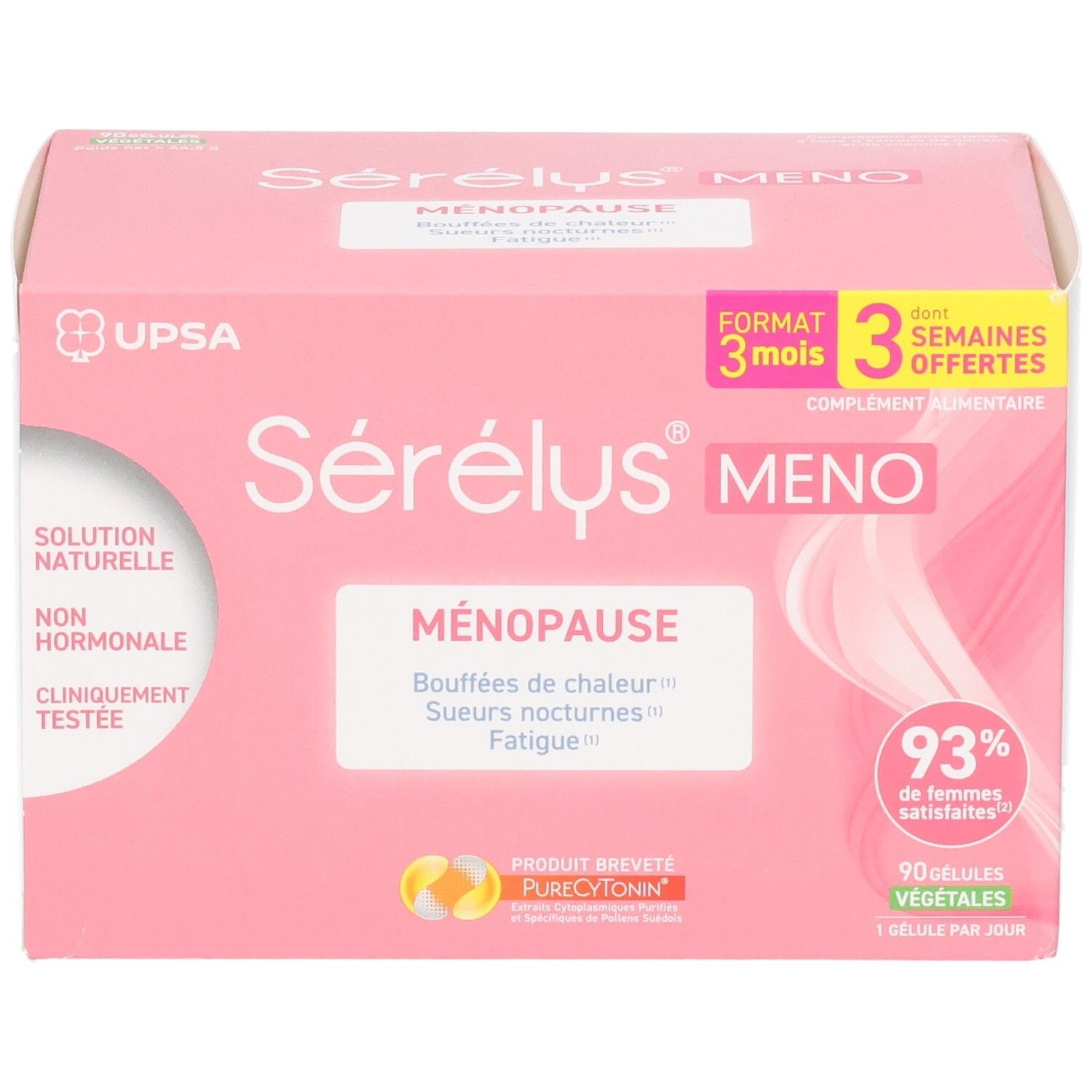Face avant de la boîte SERELYS MENO : 90 gélules végétales, complément alimentaire ménopause.