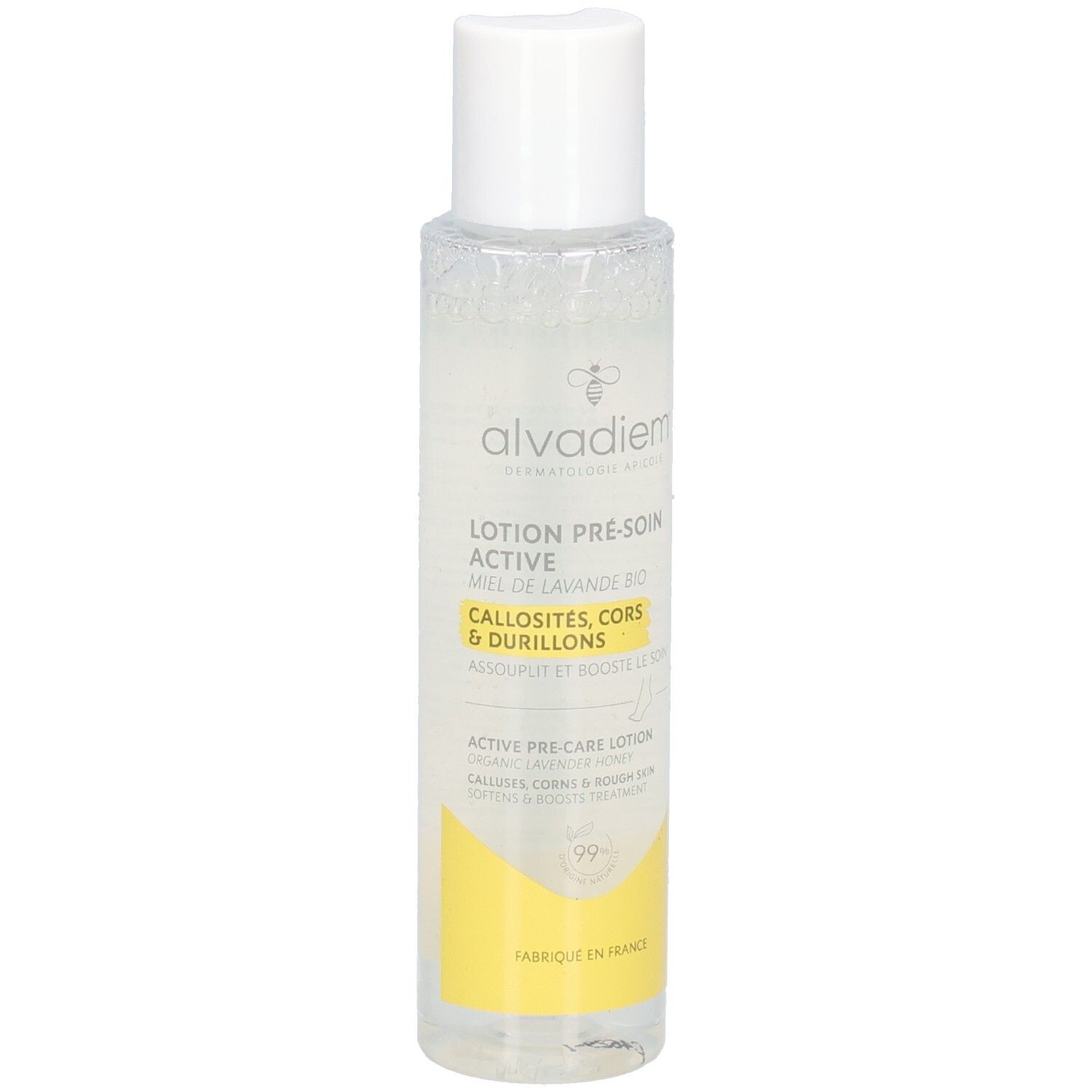 Alvadiem Lotion Pré-Soins Active : lotion claire dans un flacon transparent avec un bouchon blanc.