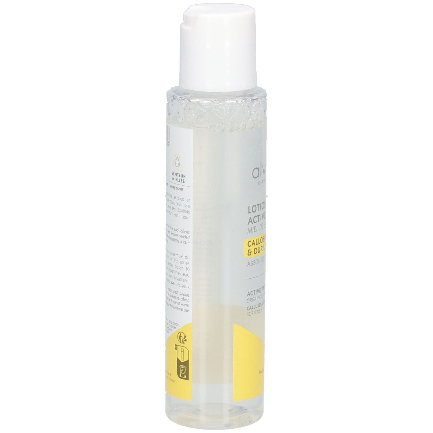 Arrière du flacon Alvadiem Lotion Pré-Soins Active avec informations produit et sceaux.
