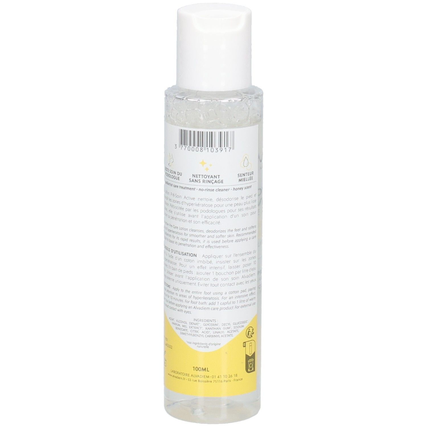 Arrière du flacon Alvadiem Lotion Pré-Soins Active avec code-barres et instructions d'utilisation.
