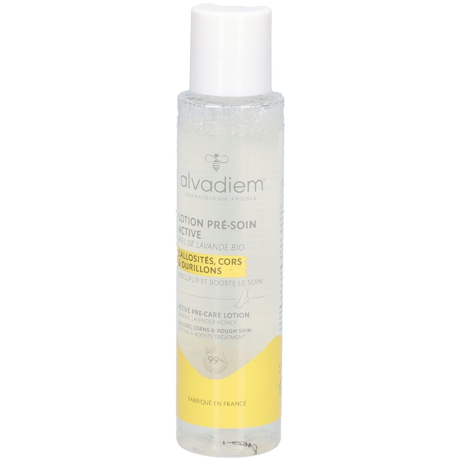 Alvadiem Lotion Pré-Soins Active : lotion claire dans un flacon transparent avec un bouchon blanc.