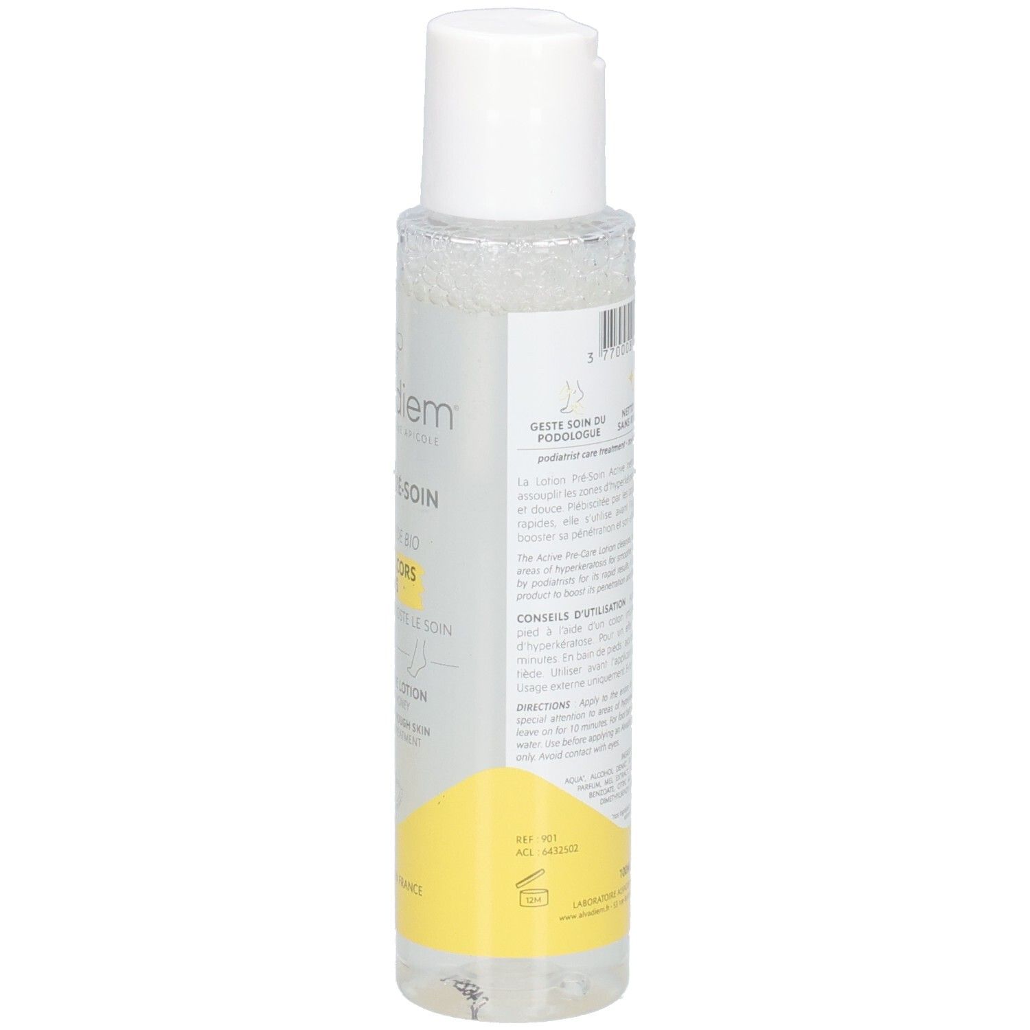Vue latérale du flacon Alvadiem Lotion Pré-Soins Active avec étiquette et élément de design jaune.