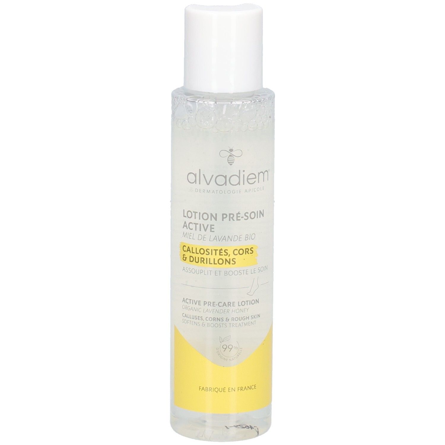 Alvadiem Lotion Pré-Soins Active : lotion claire dans un flacon transparent avec un bouchon blanc.