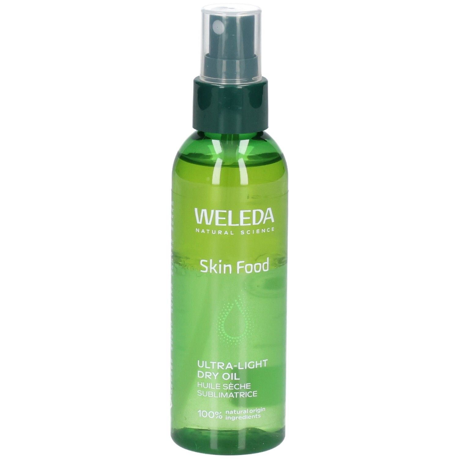 Flacon pulvérisateur vert avec WELEDA Skin Food Ultra-Light Dry Oil.